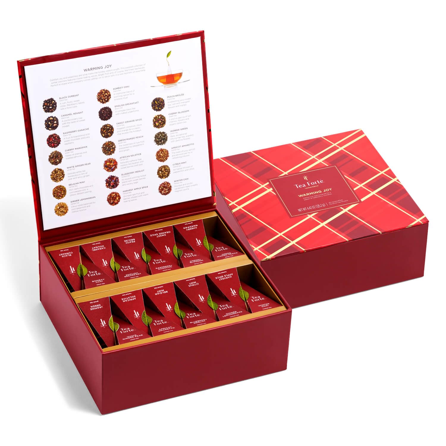 Premium Tea Forte Tea Chest Gift Set - 40 Handcrafted Pyramid Tea Infusers with Warming Joy Plaid Design | Perfect for Holiday Gifts, Tea Lovers & Cozy Home Relaxation