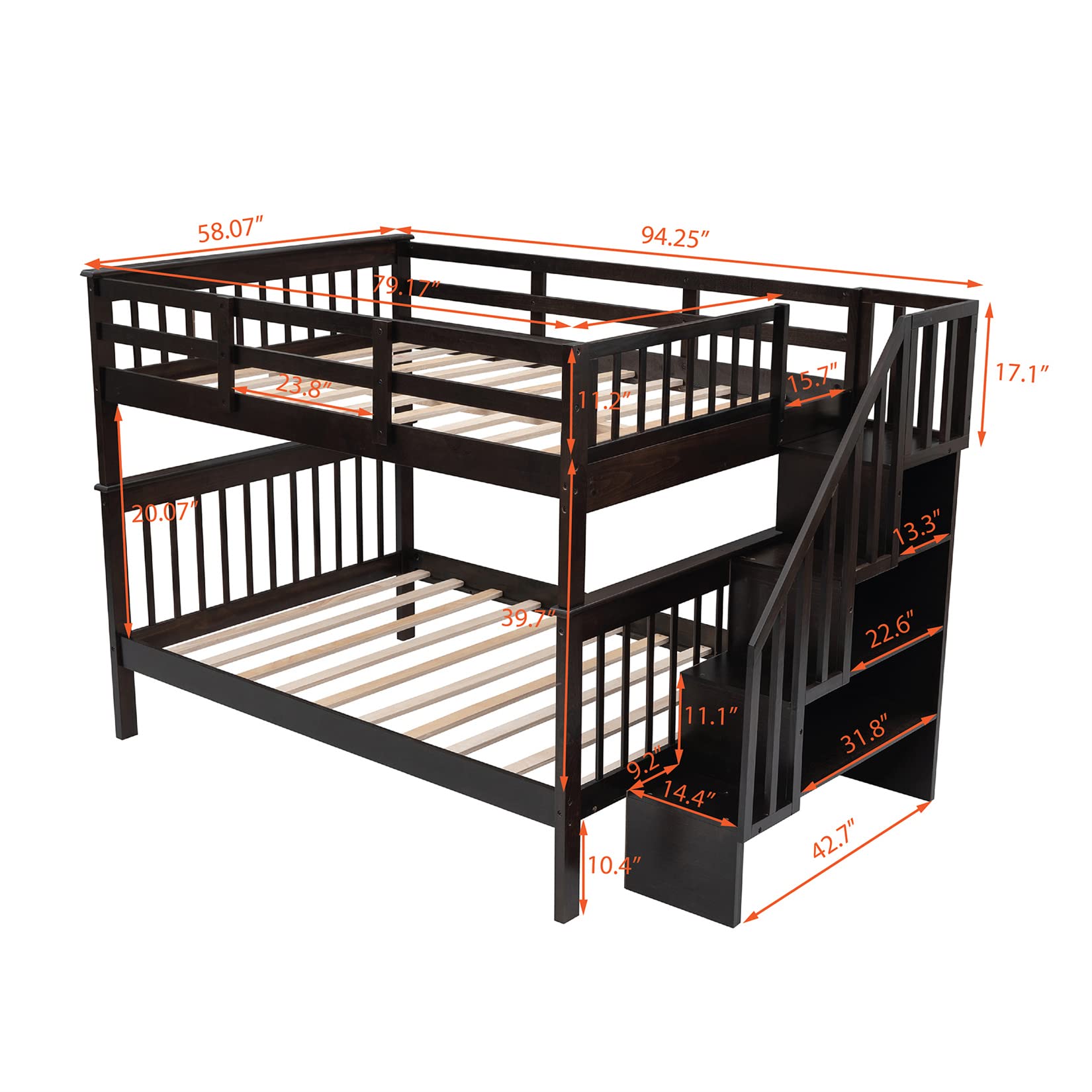 Full Over Full Bunk Beds with Shelves & Stairs - Wooden Bunk Bed Frame with Storage for Kids, Teens & Adults - Detachable Design for Boys, Girls, Women & Men - Espresso Finish - Perfect for Small Bedrooms, Guest Rooms & Shared Kids' Rooms
