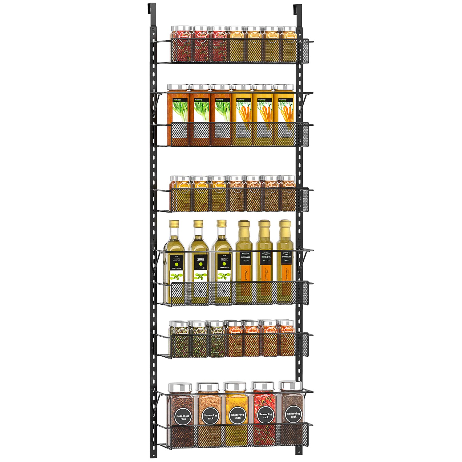 6-Tier Over The Door Pantry Organizer - Adjustable Hanging Storage Rack for Spices, Kitchen & Closet Organization - Space Saving Black Shelves for Home, Apartment & Dorm Use