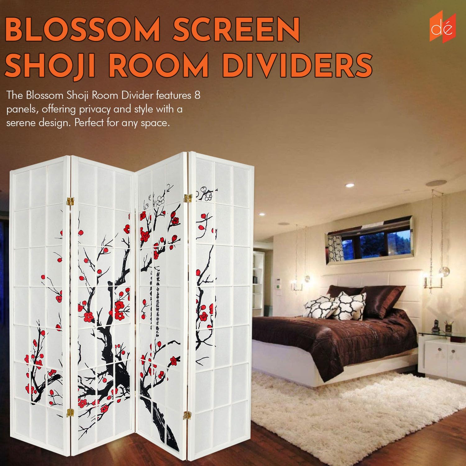 Legacy Decor 4-Panel Blossom Screen - Portable Foldable Shoji Style Room Divider with Plum Blossom Design - Freestanding Privacy Screen for Home Office & Studio - White Temporary Wall Partition - Perfect for Creating Private Spaces, Room Separation & Decoration