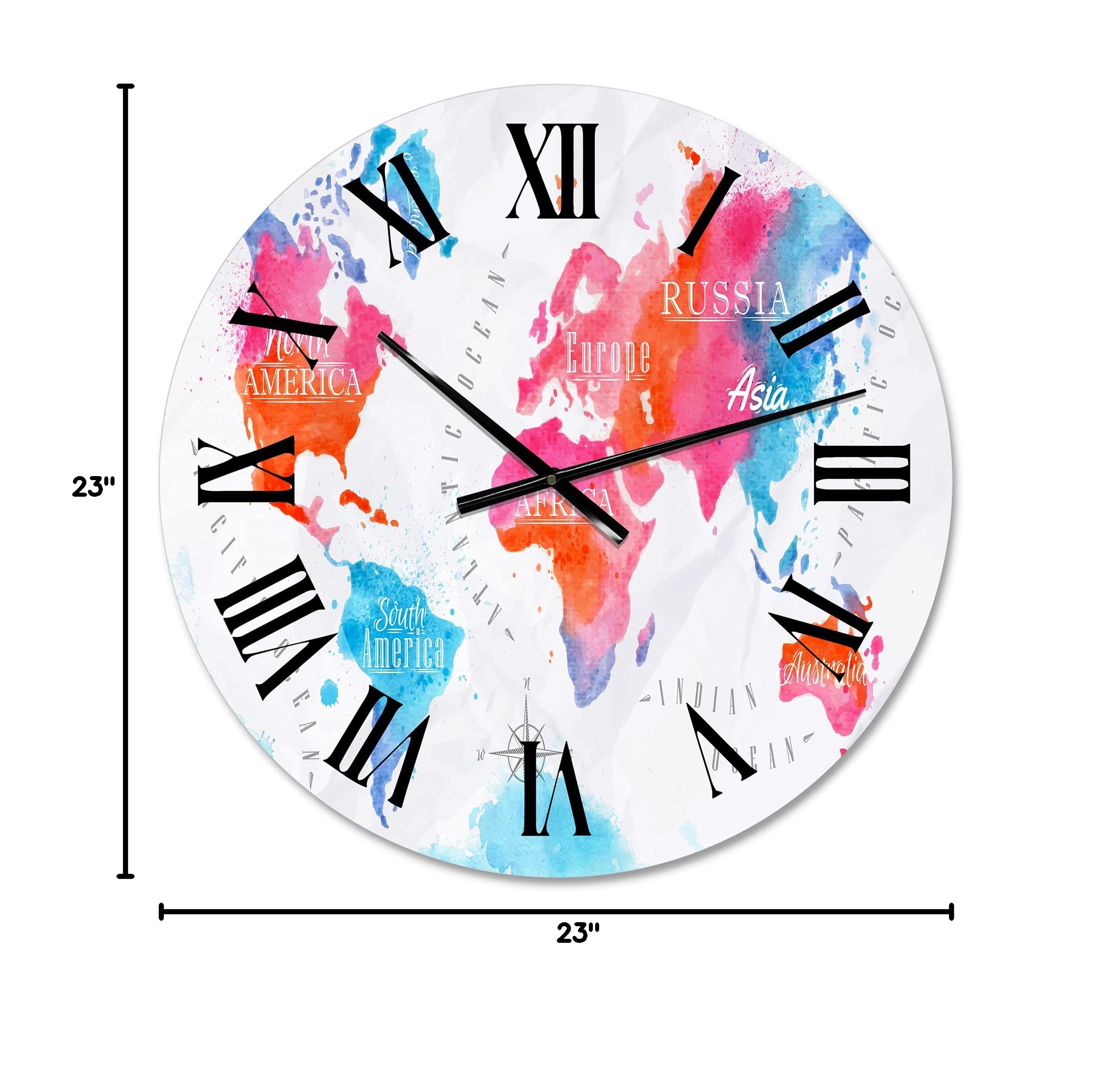 DesignQ Modern Pink and Blue World Map Wall Clock - Large Decorative Clock for Kitchen, Living Room, Office & Bedroom | Silent Non-Ticking Home Decor