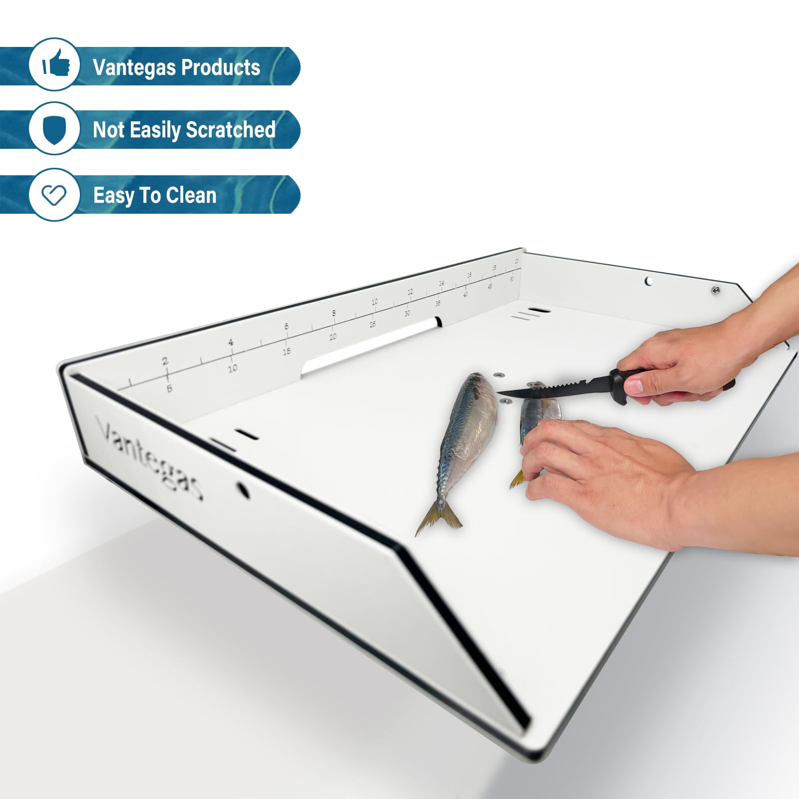Boat Cutting Board with Fish Ruler & Rod Holder - Marine Accessories for Fishing & Grilling