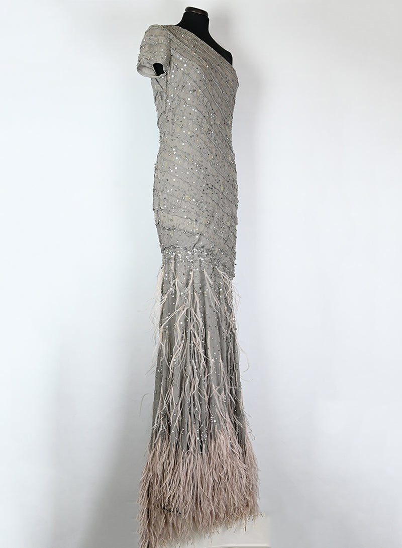 Blumarine One Shoulder Long Gray Dress Size 42 - Elegant Evening Gown for Parties, Weddings & Special Occasions