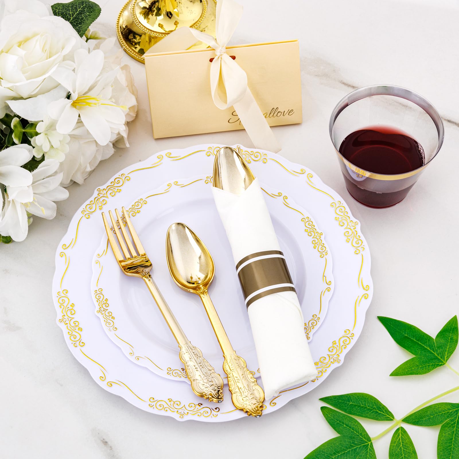 175-Piece Gold Plastic Party Dinnerware Set - 25 Dinner Plates, 25 Dessert Plates, 25 Gold Cutlery, 25 9oz Cups & 25 Rolled Napkins - Elegant White & Gold Disposable Tableware for Weddings, Birthdays & Special Events