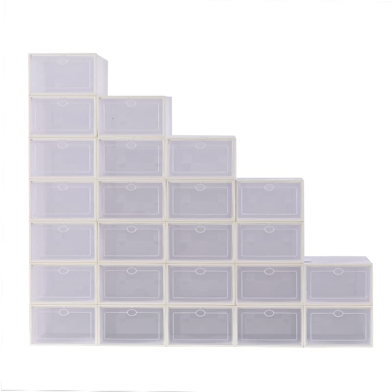 24 Pack Stackable Snap-on Shoe Boxes - Thickened Transparent Plastic Shoe Storage Organizer with Drawer Design for Closet, Bedroom & Entryway Organization