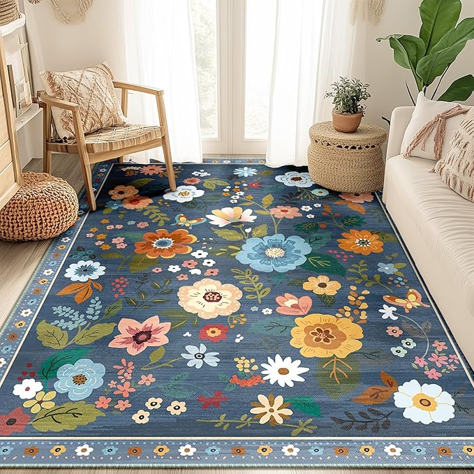 Willow - Custom Floral Vintage Washable Printed Rug Runner - Grey Blue Multi-Color Bohemian Carpet - Perfect for Living Room, Bedroom & Entryway Decor