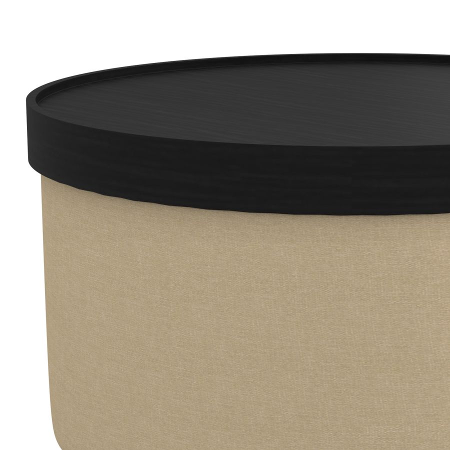 Round Storage Ottoman with Tray - Beige & Black Upholstered Footrest Stool for Living Room, Bedroom & Nursery | Multi-Functional Seat with Hidden Storage Space