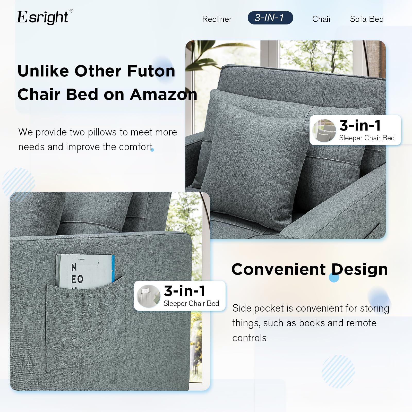 Esright 3-in-1 Convertible Sleeper Chair with Adjustable Backrest - Memory Foam Pull Out Sofa Bed with 2 Pillows & Side Pocket - Space Saving Armchair for Small Apartments, Office, Guest Room (Dark Grey) | Perfect for Overnight Guests, Nap Time & Compact Living Spaces