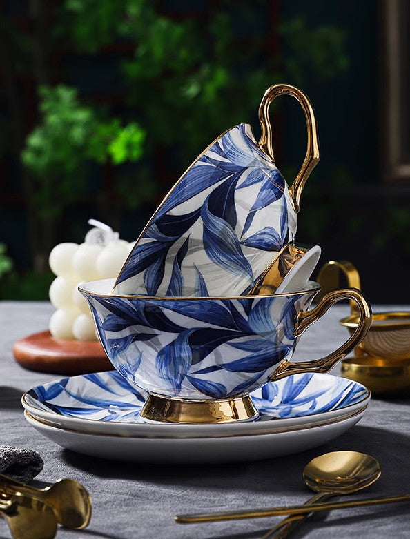 Elegant Blue Bone China Porcelain Tea Cup Set - British Ceramic Coffee Cups with Saucer in Gift Box - Perfect for Afternoon Tea, Bridal Shower & Home Decor