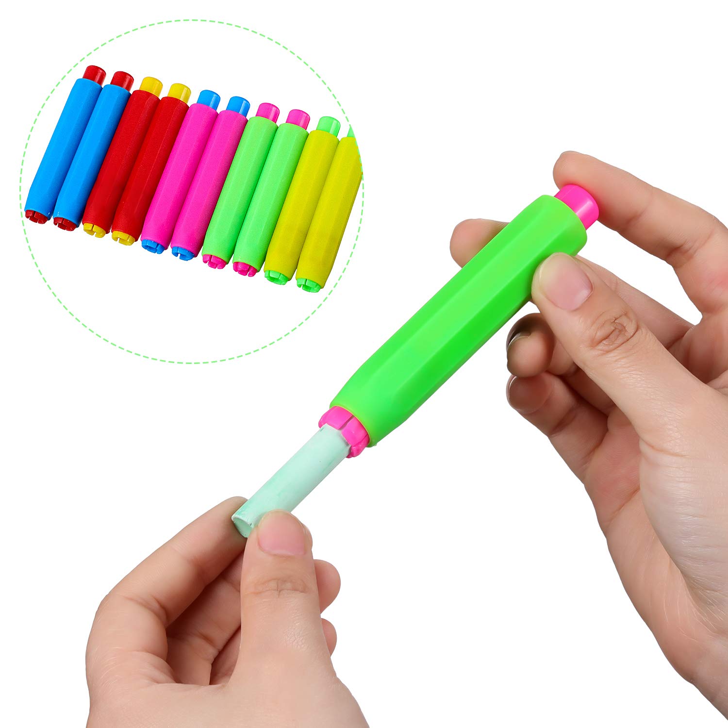 Outus 10-Pack Colorful Adjustable Plastic Chalk Holders with Storage Case & 2 Magnetic Chalkboard Erasers - Perfect for Classroom, Office Whiteboard, Doodling, Drawing & Writing Supplies