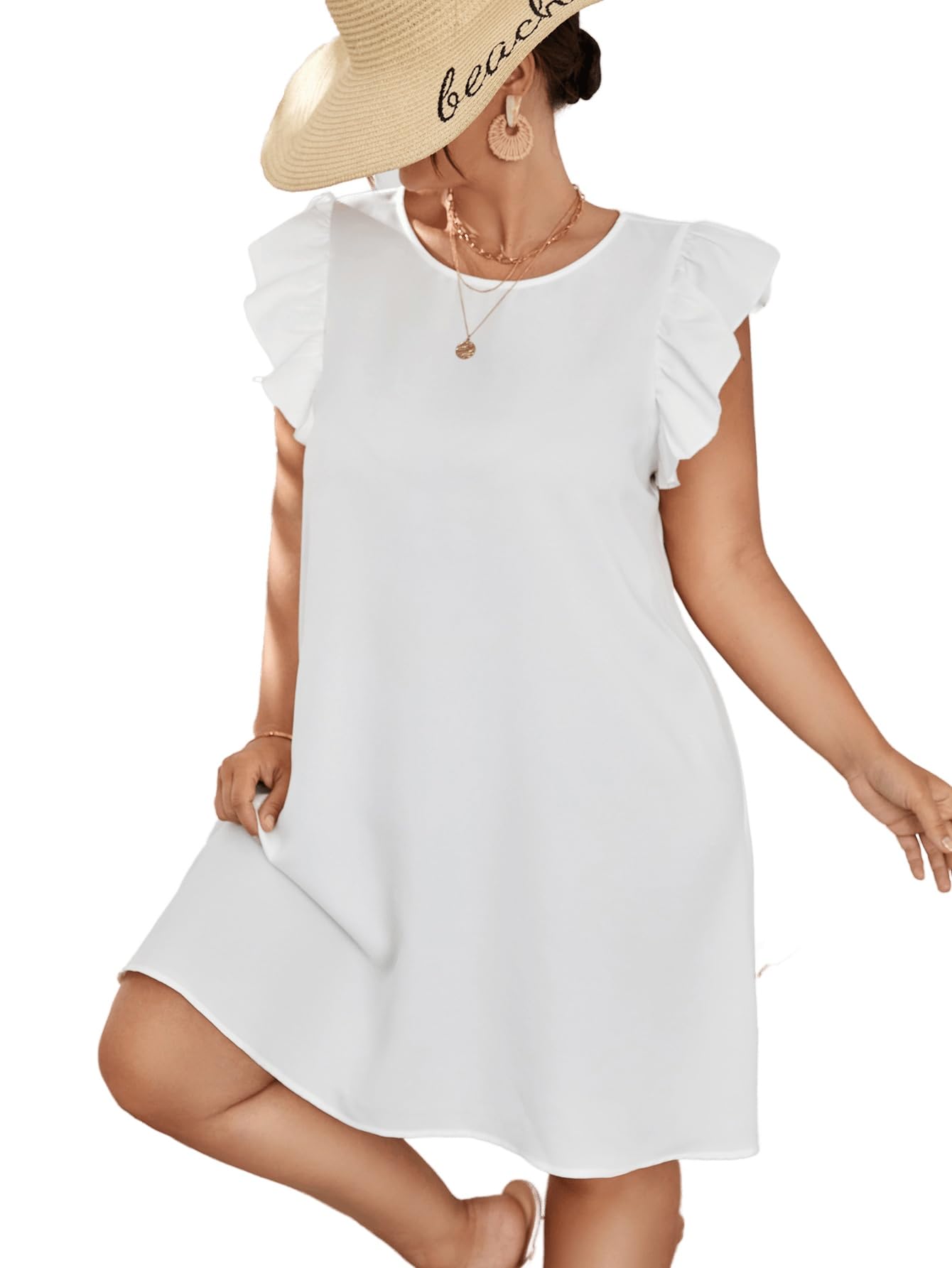 WDIRARA Women's Plus Size Ruffle Cap Sleeve Round Neck Summer Tunic Dress - Casual Flowy Outfit for Beach, Vacation & Everyday Wear