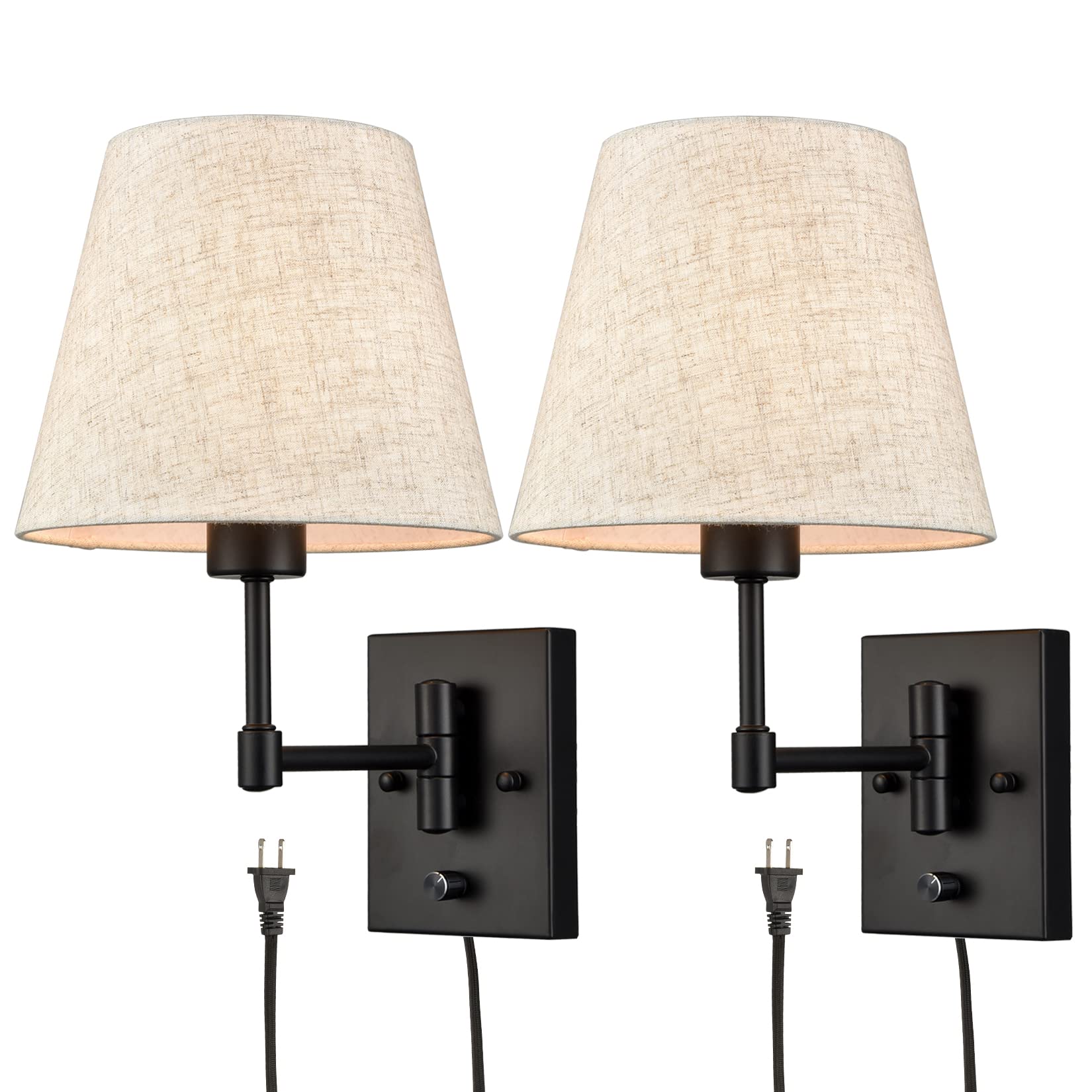 Plug-in Wall Sconce Set of 2 - Black Swing Arm Wall Lamp with Rotary Switch & Beige Shade - Bedroom & Living Room Lighting Fixtures - Perfect for Reading Nooks, Hallway Accents & Cozy Home Decor
