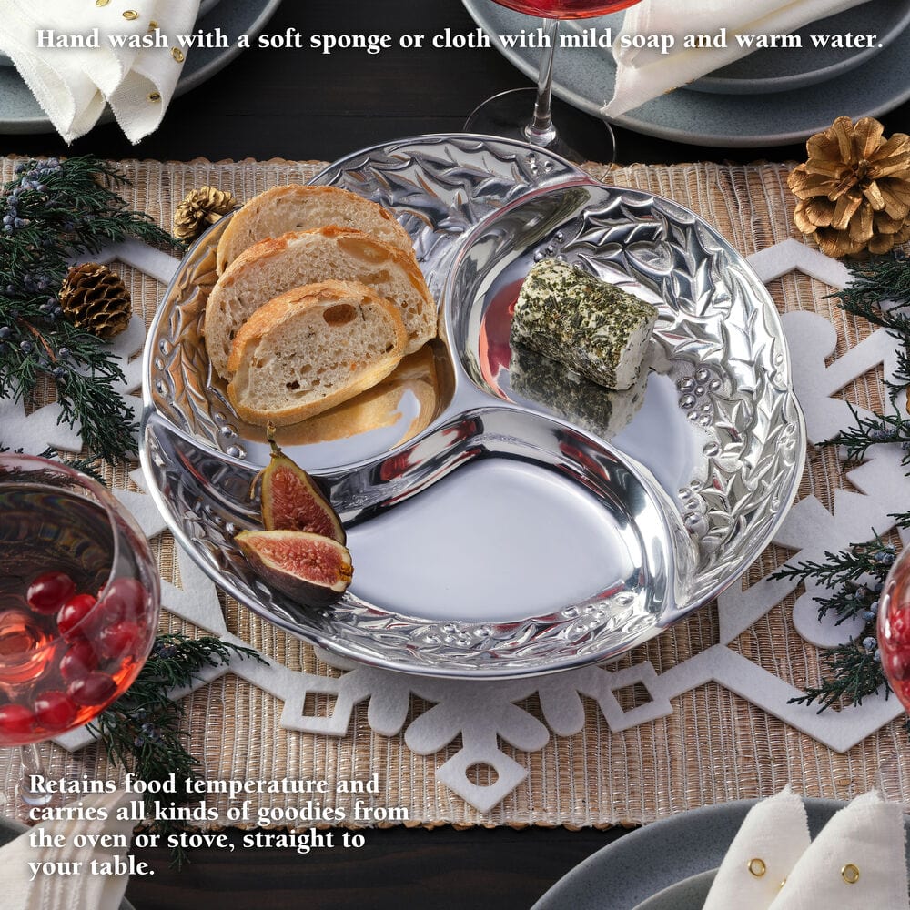 Premium Holly Berries Divided Serving Platter - Elegant Holiday Party Appetizer Tray for Christmas, Thanksgiving & Entertaining
