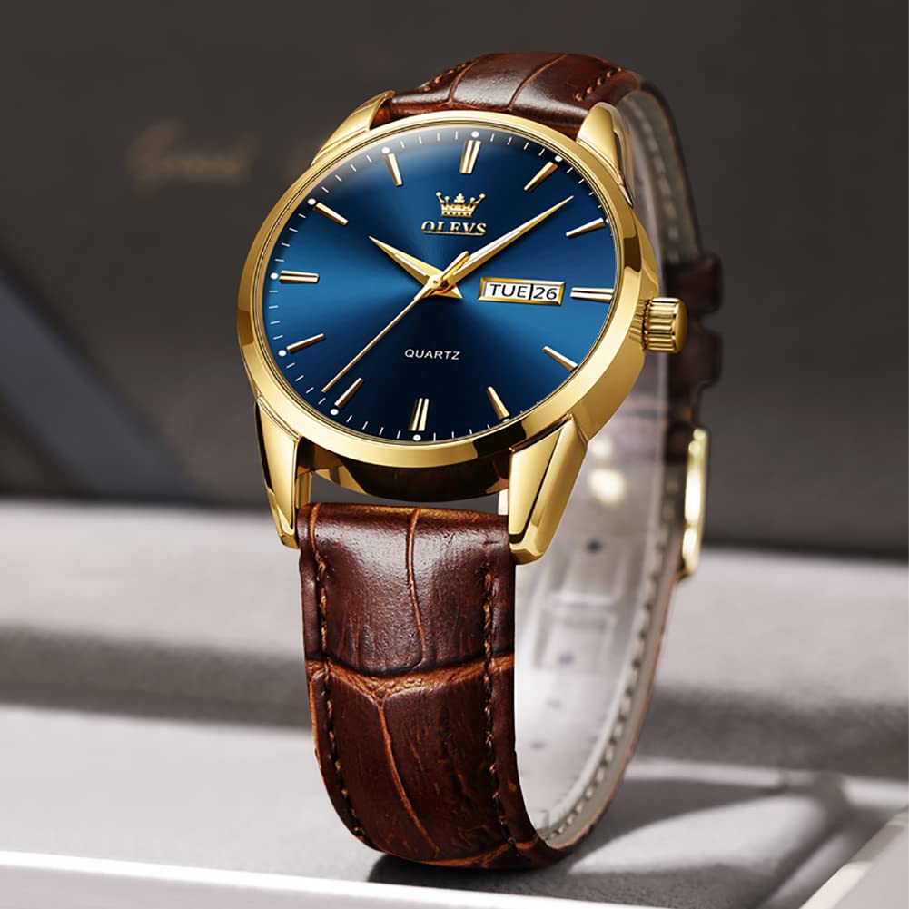 OLEVS Men's Brown Leather Watch with Luminous Hands, Rose Gold Case, Day Date Display - Waterproof Quartz Dress Watch for Business, Casual & Formal Occasions