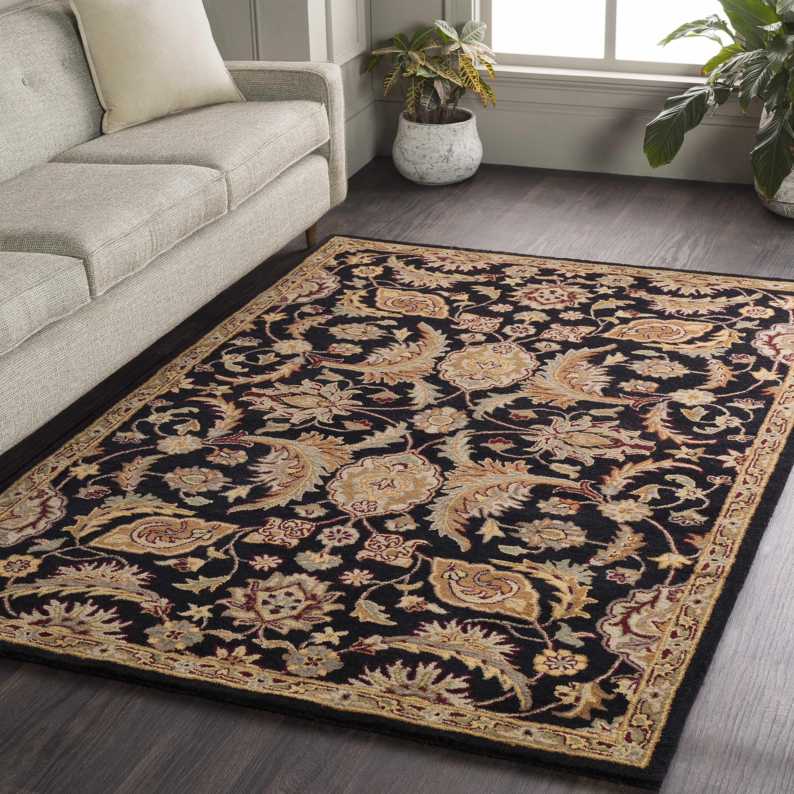 Hauteloom Blomkest Wool Area Rug for Living Room & Bedroom - Traditional Black Purple Beige Design - 2' x 3' - Soft & Durable for Home Decor, Office, or Nursery