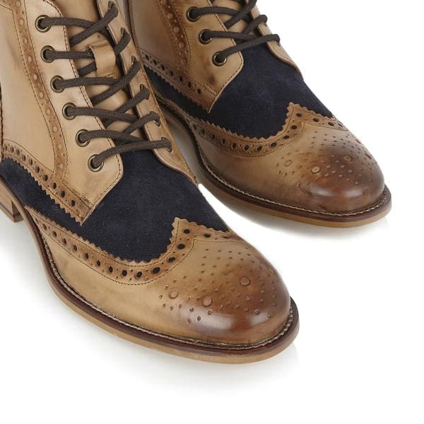 London Brogue Gatsby Tan/Navy Men's Dress Boots - Classic Wingtip Oxford Style for Formal Wear & Business Attire - Perfect for Weddings, Office & Special Occasions