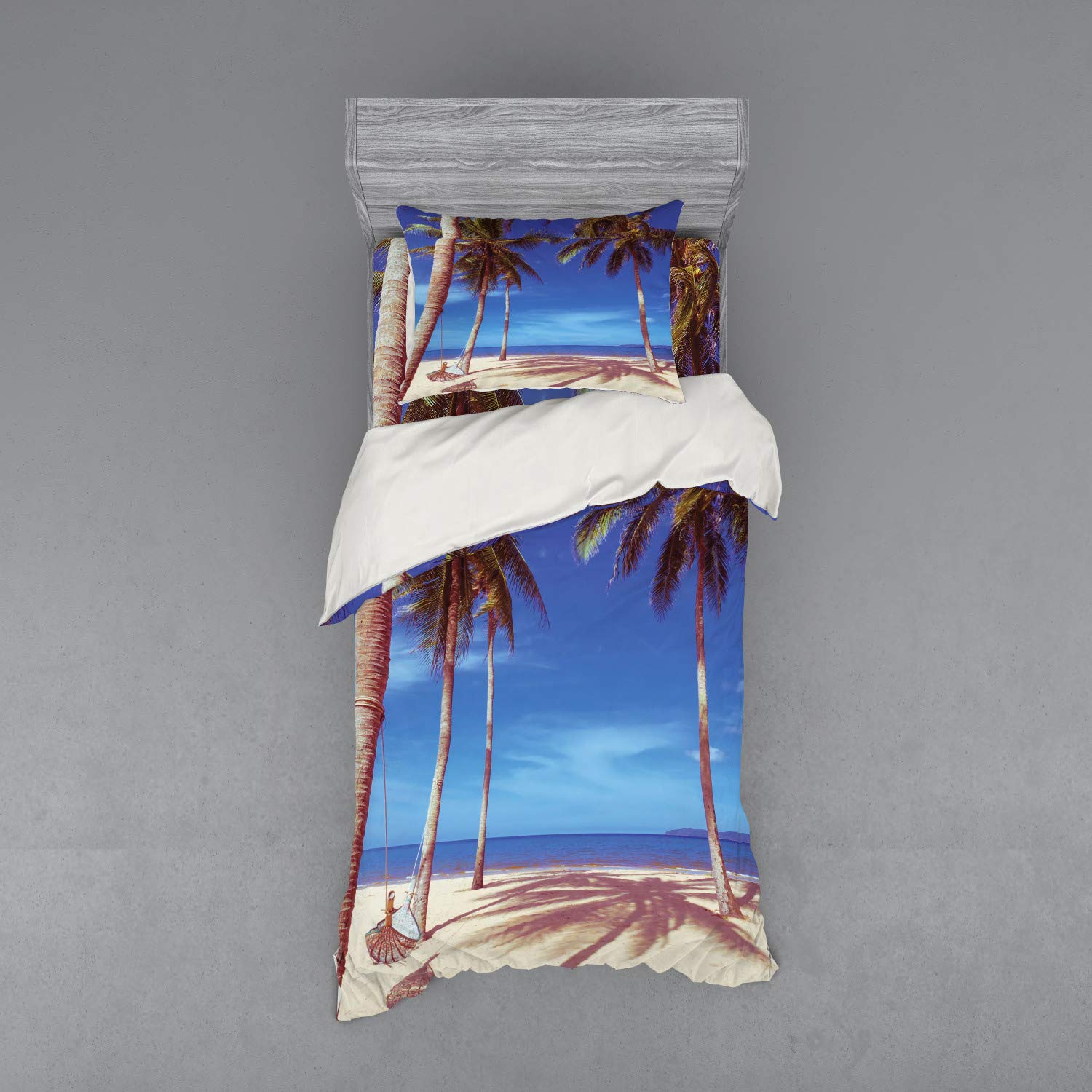 Ambesonne Tropical Beach Duvet Cover Set - 3 Piece Bedding with Ocean Hammock Design, Twin Size in Navy Cream Green | Perfect for Summer Bedroom Decor & Coastal Themed Guest Rooms