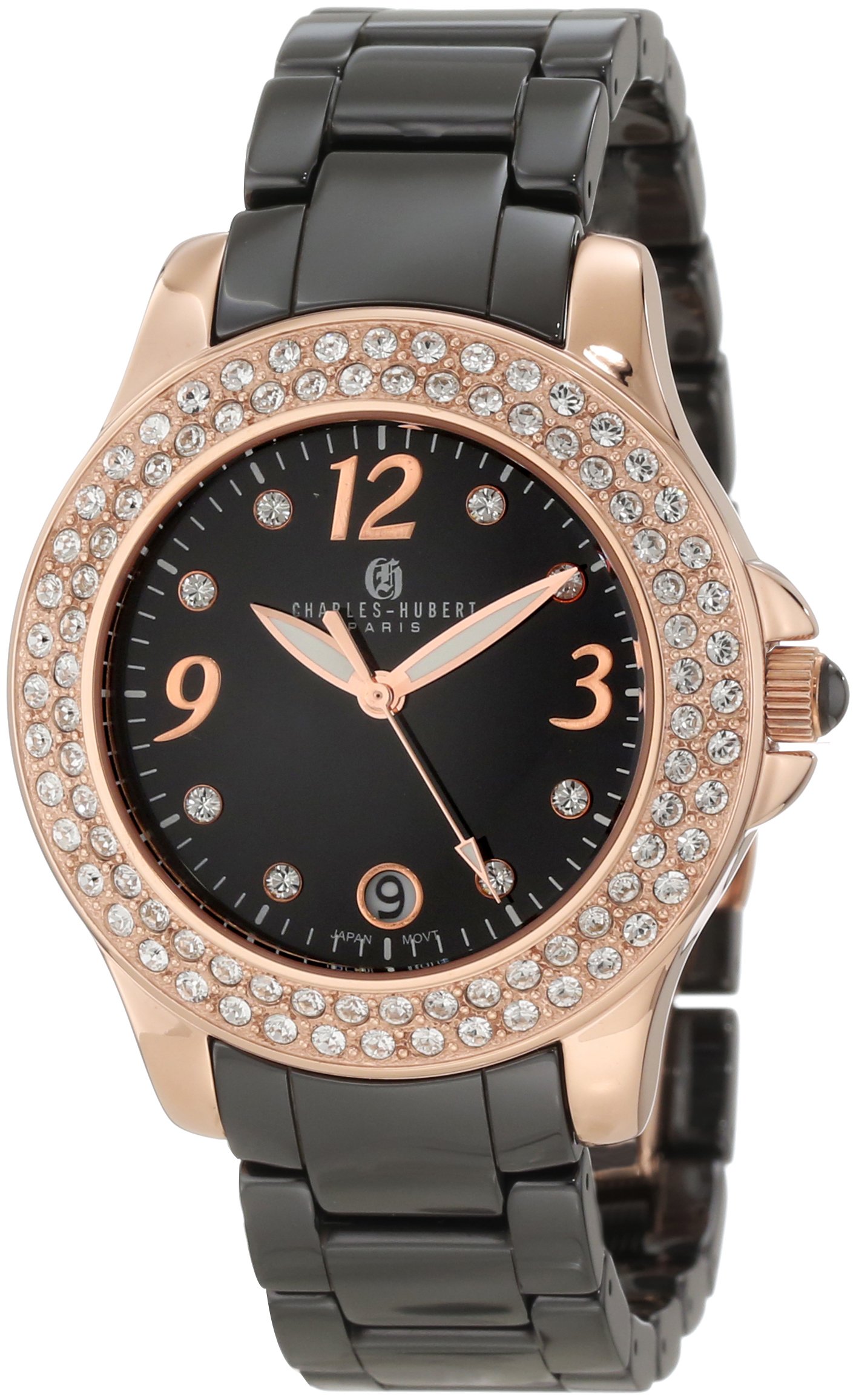 Charles-Hubert Paris Women's 6789-BRG Luxury Ceramic & Stainless Steel Watch with Swarovski Crystals | Elegant Dress Watch for Business, Evening Events & Special Occasions