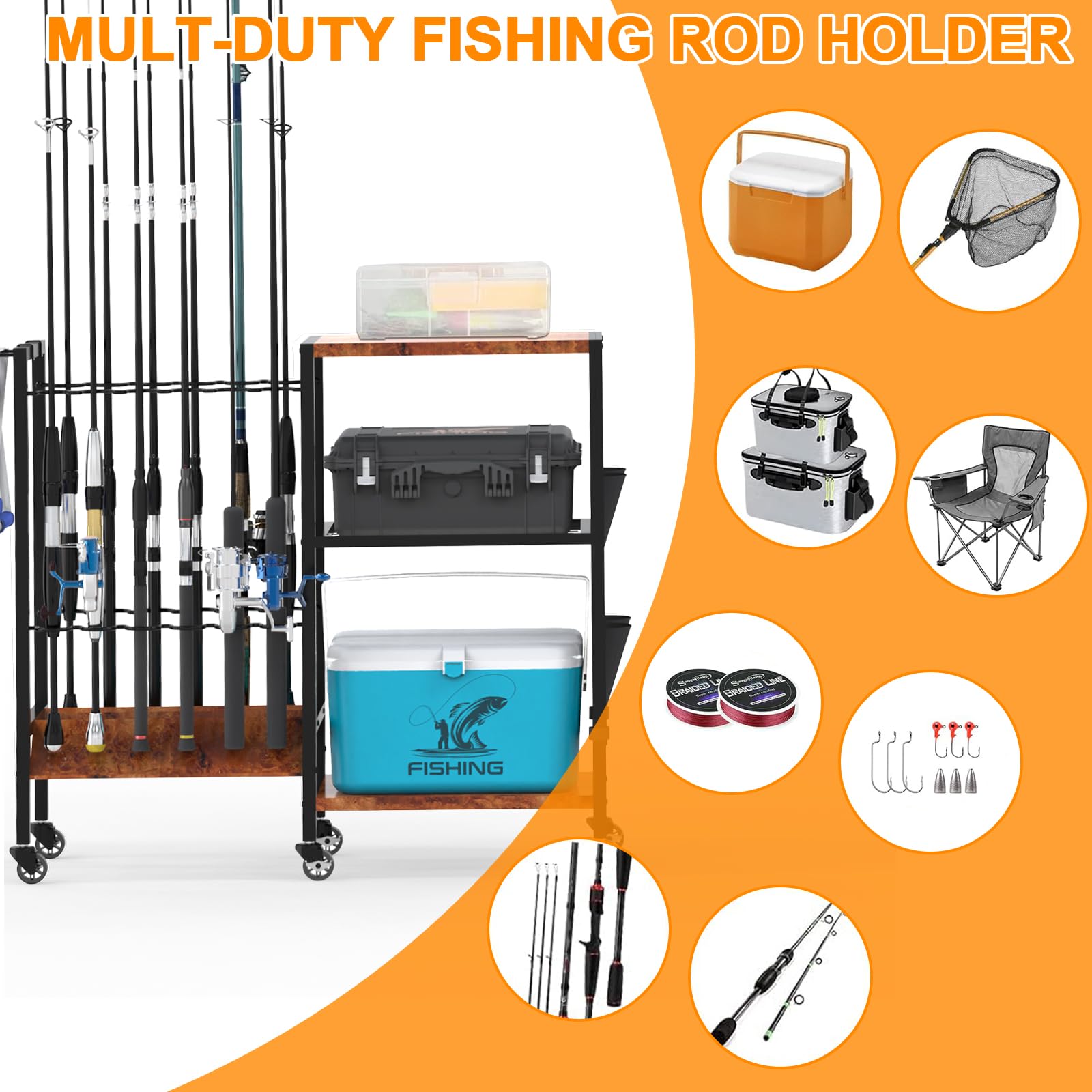 Fishing Rod Holders for Garage - Heavy Duty Wall Mount Storage Rack Holds Up to 12 Fishing Poles | Organizer for Fishing Gear & Equipment | Perfect for Anglers, Boat Owners & Fishing Enthusiasts
