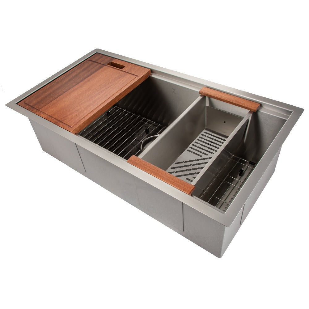 ZLINE Garmisch 33-inch Undermount Single Bowl Stainless Steel Kitchen Sink with Bottom Grid & Accessories (SLS 33) - Perfect for Modern Kitchens, Restaurant Prep & Heavy-Duty Cooking