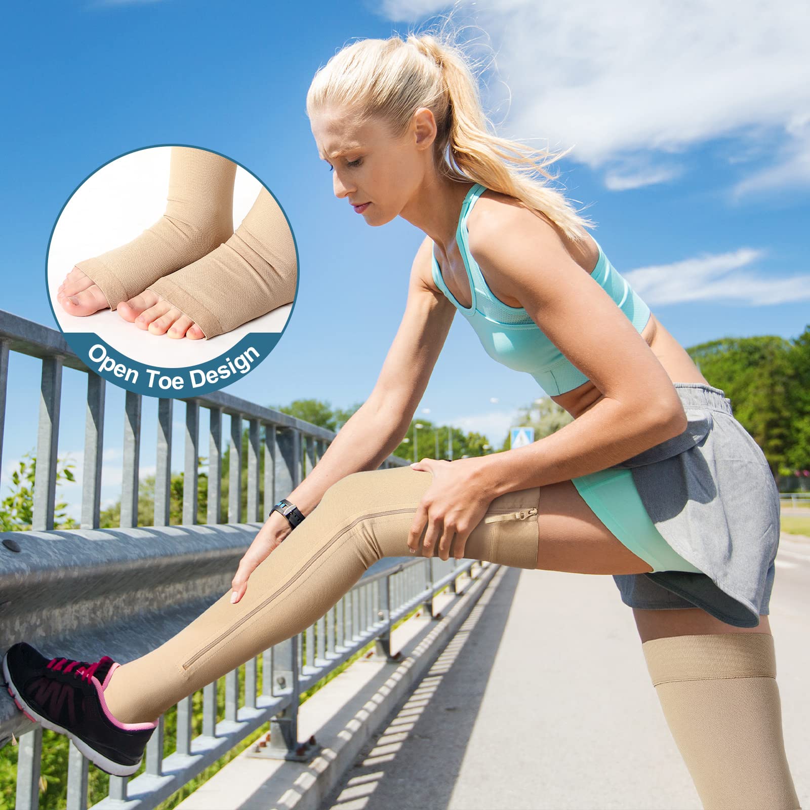 Newcotte Thigh High Compression Socks 20-30mmHg with Zipper - Medical Grade Support Stockings for Women & Men - Perfect for Travel, Nursing & Varicose Vein Relief