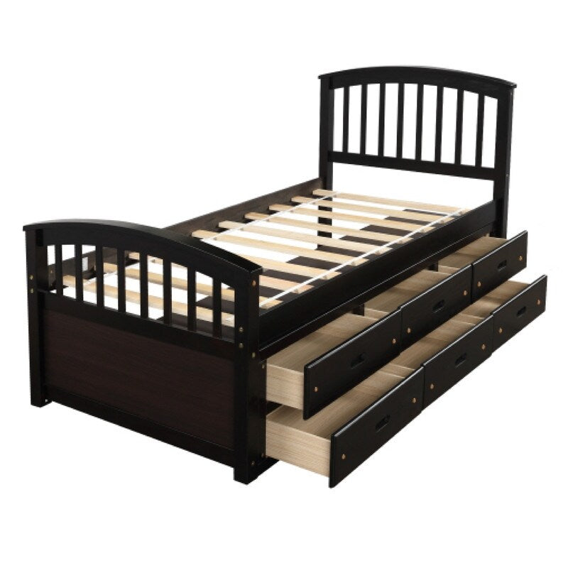6-Drawer Twin Frame Espresso Shelf Bed with Solid Wood Drawers - Space-Saving Storage Solution for Small Bedrooms & Kids' Rooms