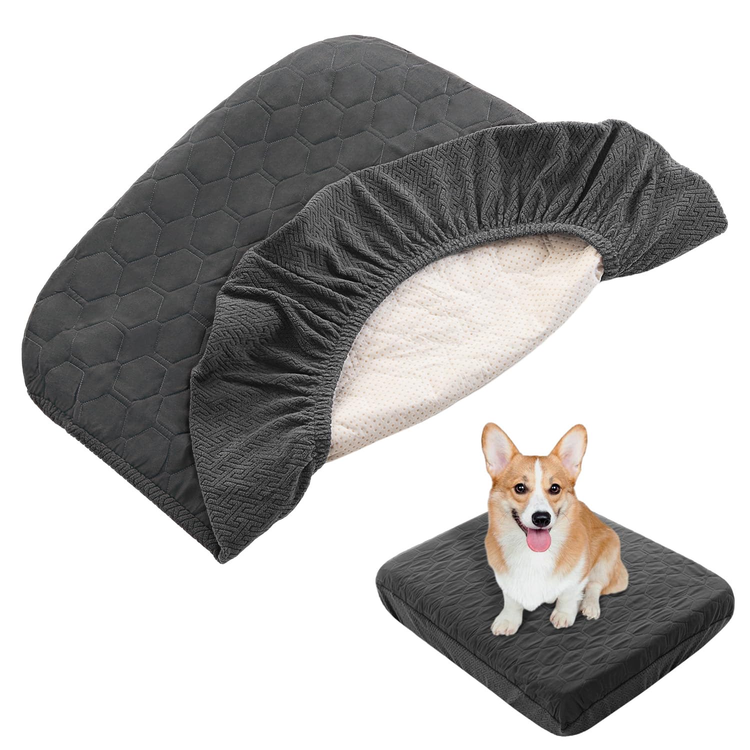 Waterproof Dog Bed Cover Replacement - Washable, Quilted Pet Bed Cover for Dogs & Cats - Easy to Remove Pet Hair - Dark Grey 20