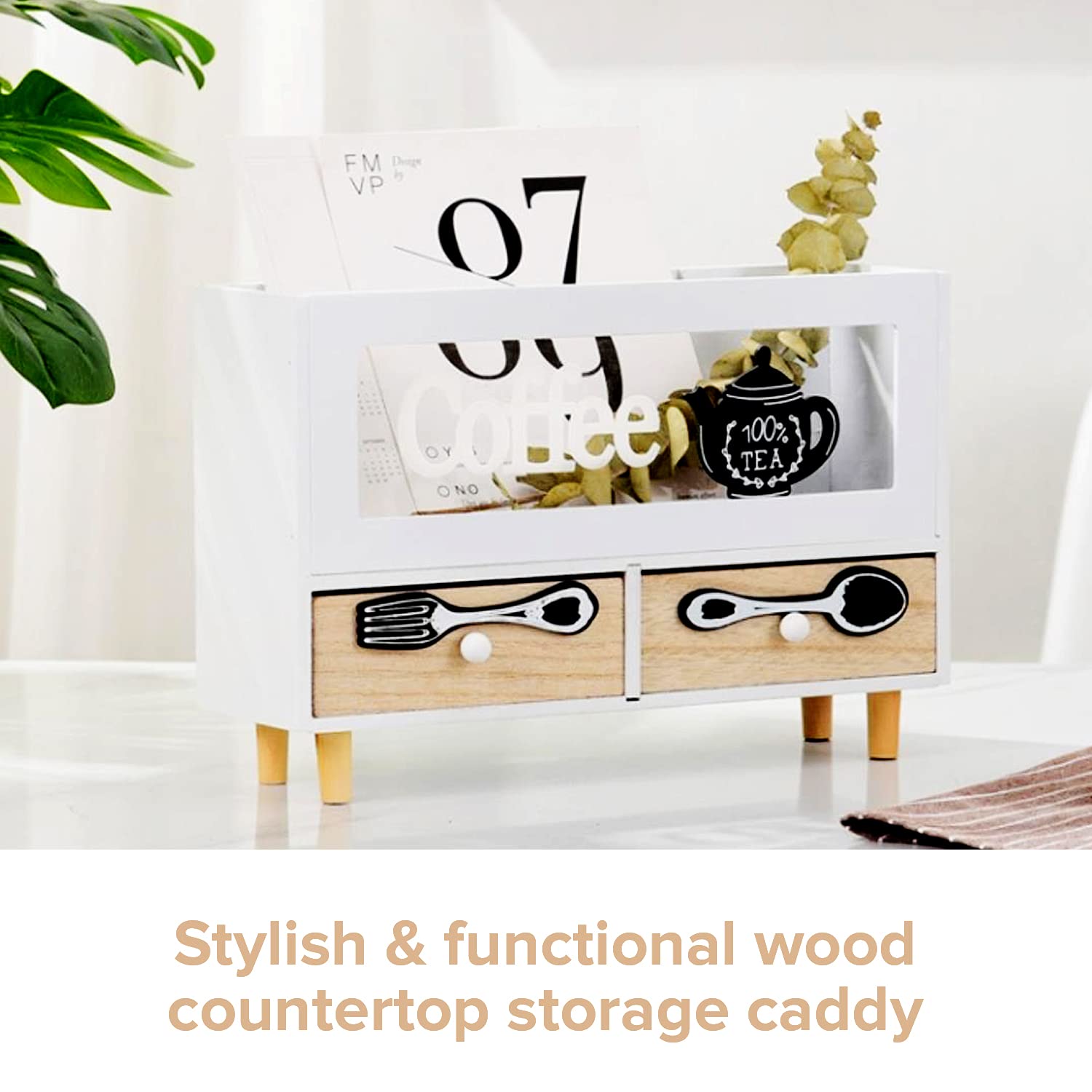 White Wooden Coffee Station Organizer with 2 Drawers - 11.8