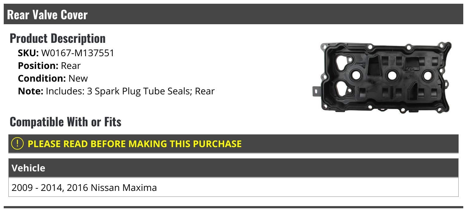 Rear Valve Cover with Spark Plug Tube Seals - Compatible with 2009-2014 & 2016 Nissan Maxima - Engine Protection & Maintenance Part for Smooth Performance