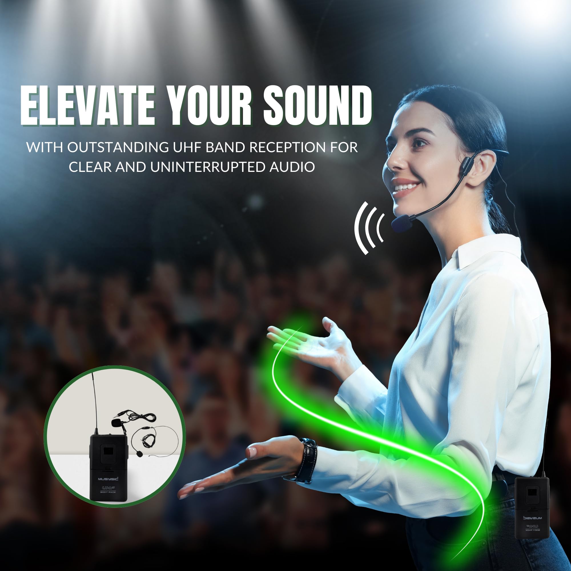 MUSYSIC 2-Channel Professional Wireless UHF Microphone System with 300ft Range - Fixed Frequency Bodypack Headset & Lapel Mic for Singing, Karaoke, Church, DJ, Public Speaking, Presentations & Live Performances