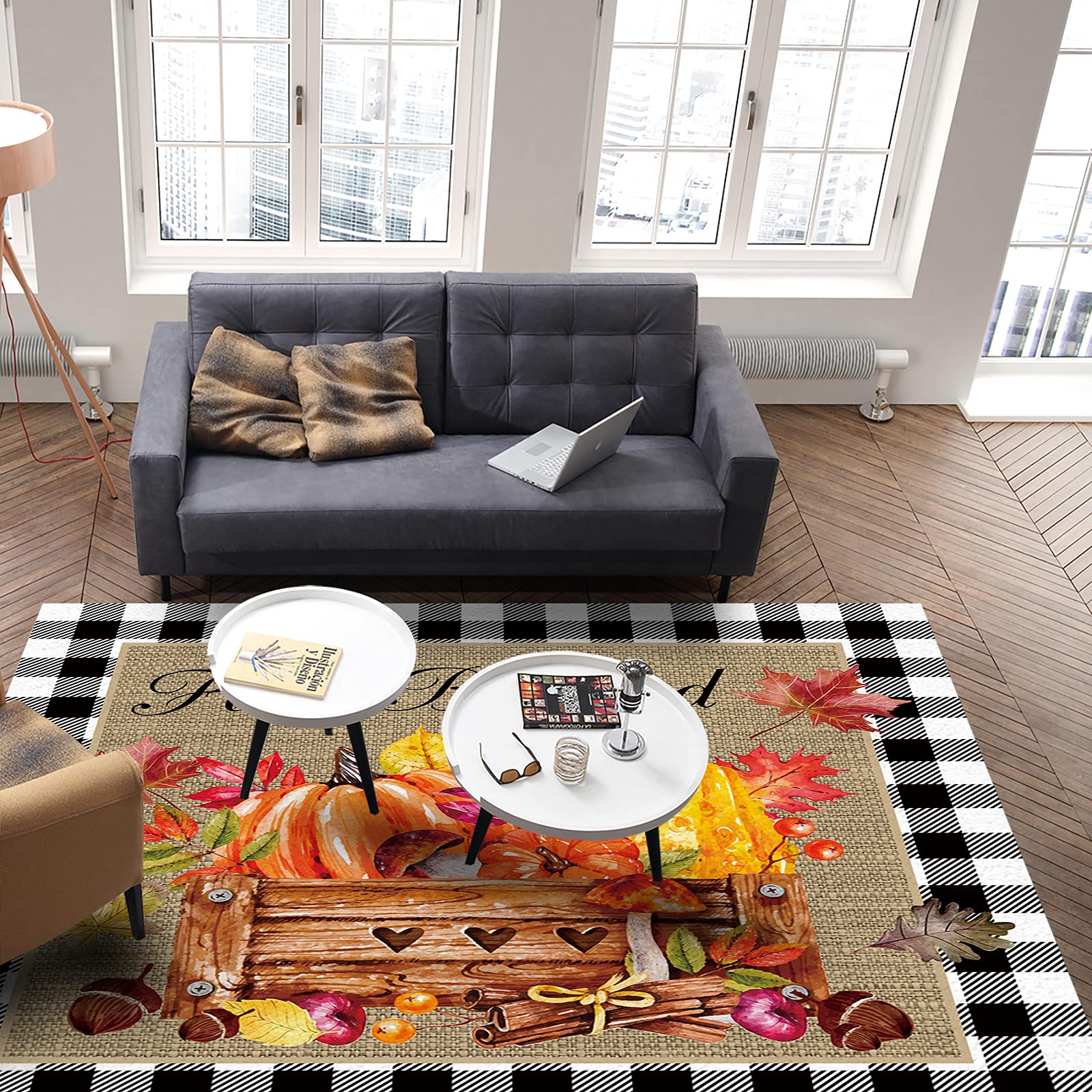 5' x 7' Non-Slip Indoor Area Rug - Fall Pumpkins & Sunflowers Design - Modern Throw Carpet for Living Room, Bedroom, Nursery - Thanksgiving Home Decor - Perfect for Cozy Autumn Vibes & Holiday Gatherings