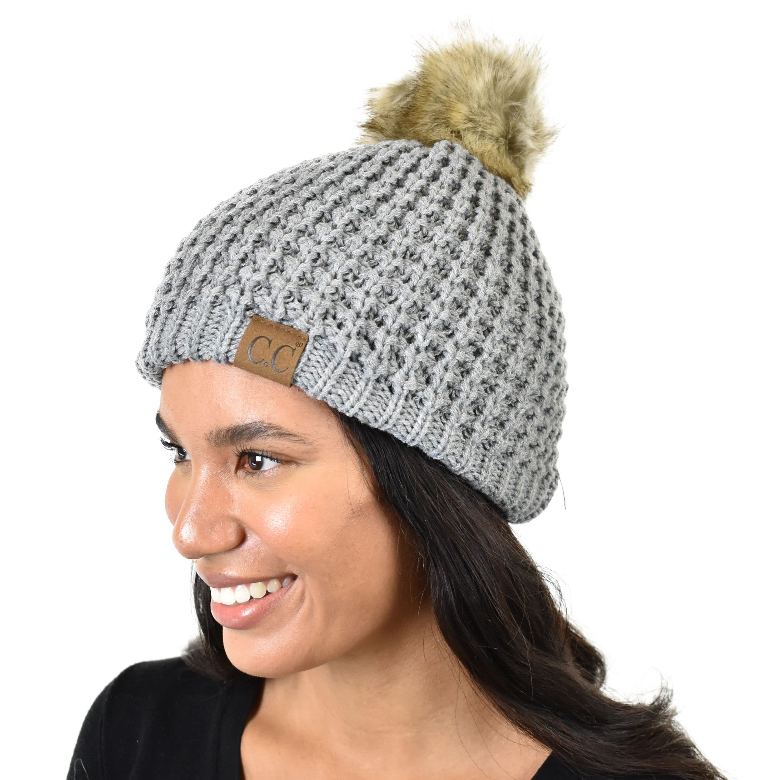 C.C Thick Waffle Knit Fleece Lined Faux Fur Pom Beanie Hat for Women - Winter Warm Fuzzy Knit Hat for Cold Weather, Outdoor Activities & Fashion Accessories