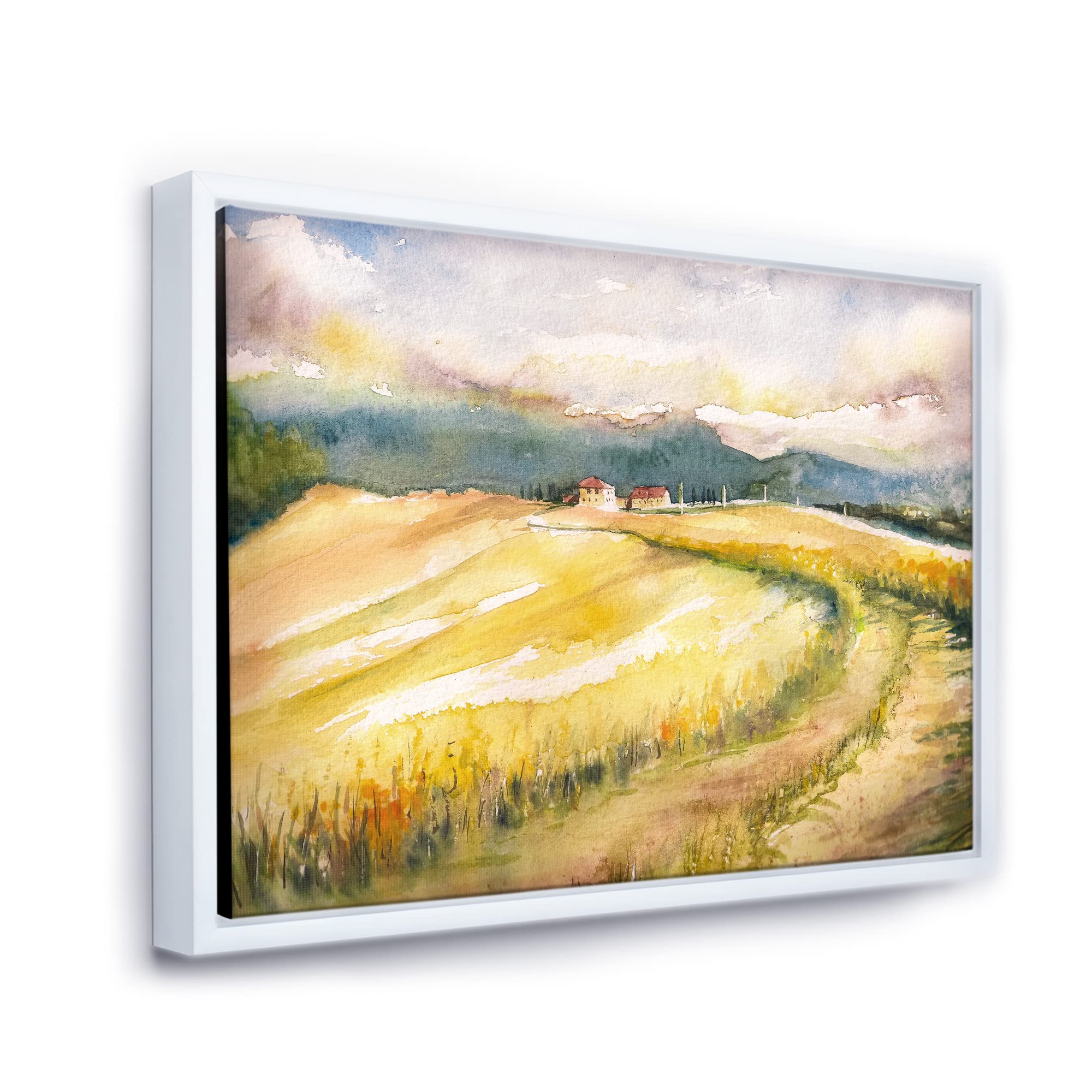 DesignQ Golden Fields of Tuscany Italy - Framed Canvas Wall Art Print for Living Room, Bedroom & Office Decor | Countryside Landscape Painting