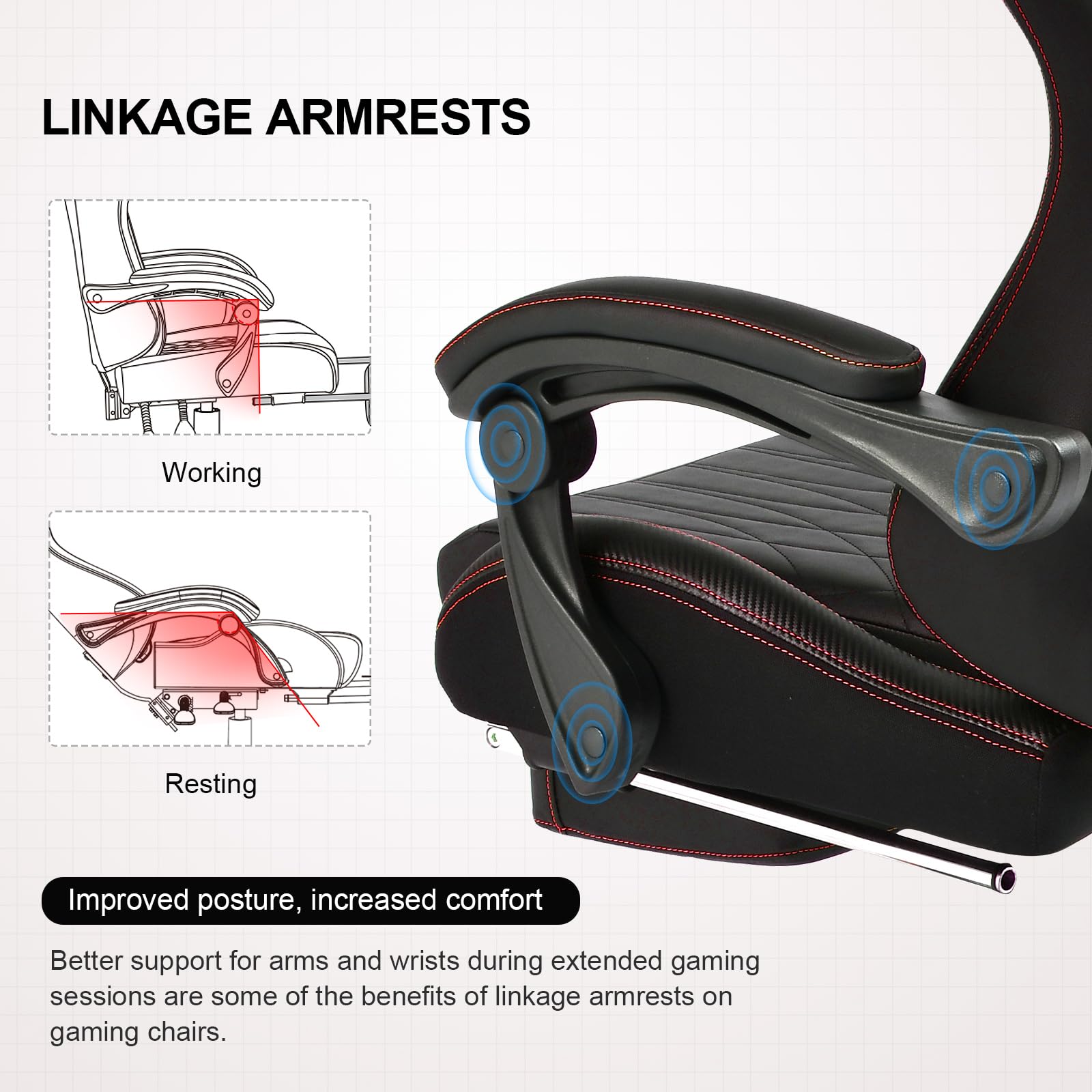GTPLAYER Ergonomic Gaming Chair with Bluetooth Speakers & Footrest - High Back Reclining Computer Game Chair for Adults & Kids, Adjustable Linkage Armrests (Red) - Perfect for PC Gaming, Office Work & Home Entertainment