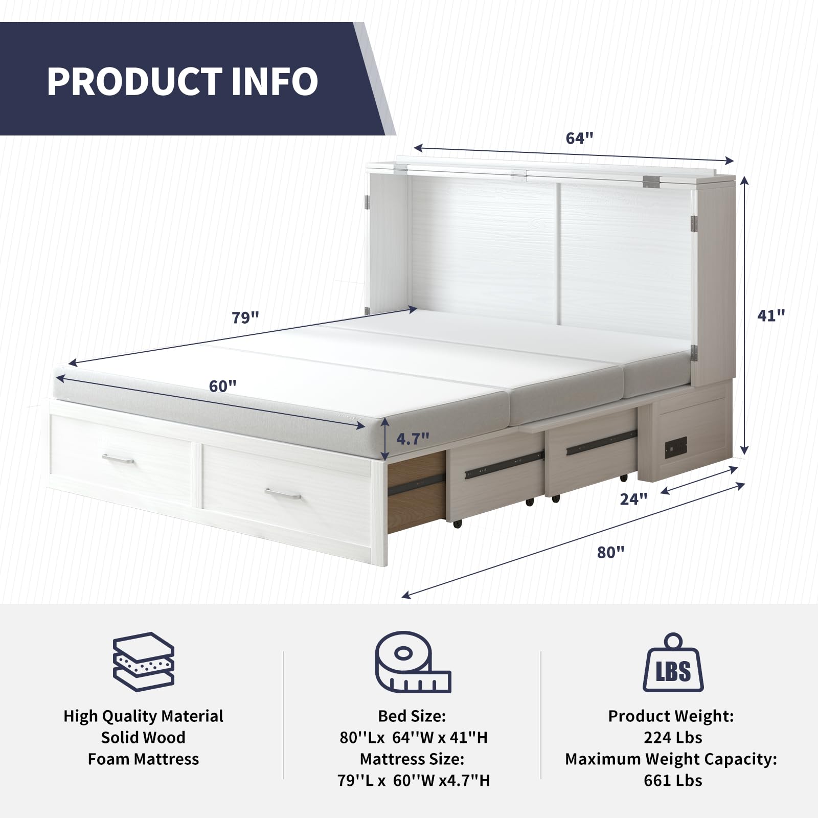ijuicy Murphy Bed - Queen Size Wall Bed with Foldable Memory Foam Mattress, USB Charging Ports & 2 Large Storage Drawers | Space-Saving Cabinet Bed for Small Apartments, Guest Rooms & Home Offices (White)