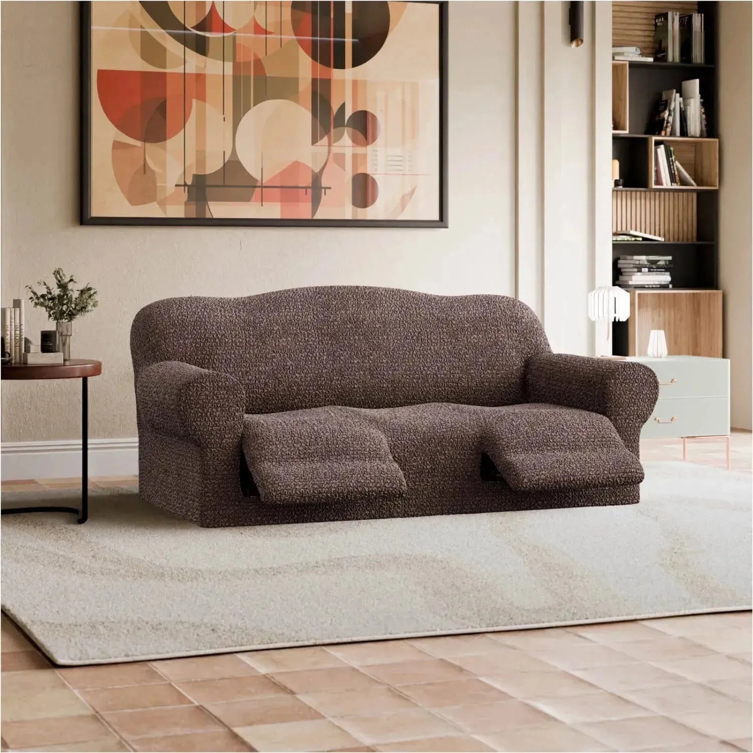 3 Seater Recliner Slipcover - Mille Righe Collection | Stretchable Sofa Cover for Living Room, Family Room & Home Theater | Easy Wash & Anti-Slip Design