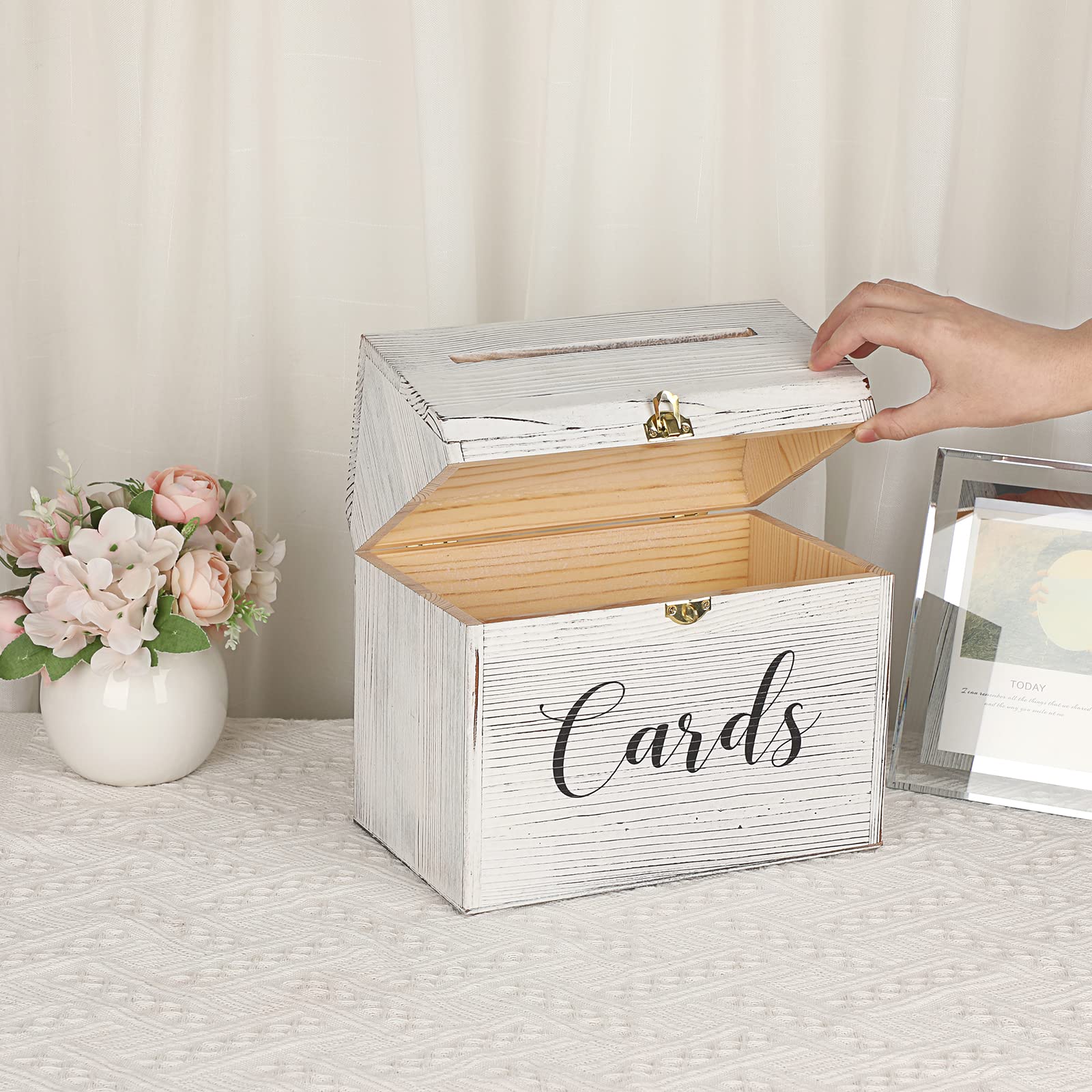 SUMNACON Vintage Wooden Wedding Card Box with Heart Lock - Rustic Roof Design for Birthday, Anniversary & Reception - Elegant Gift & Envelope Holder for Wedding Parties, Bridal Showers & Special Events (White)