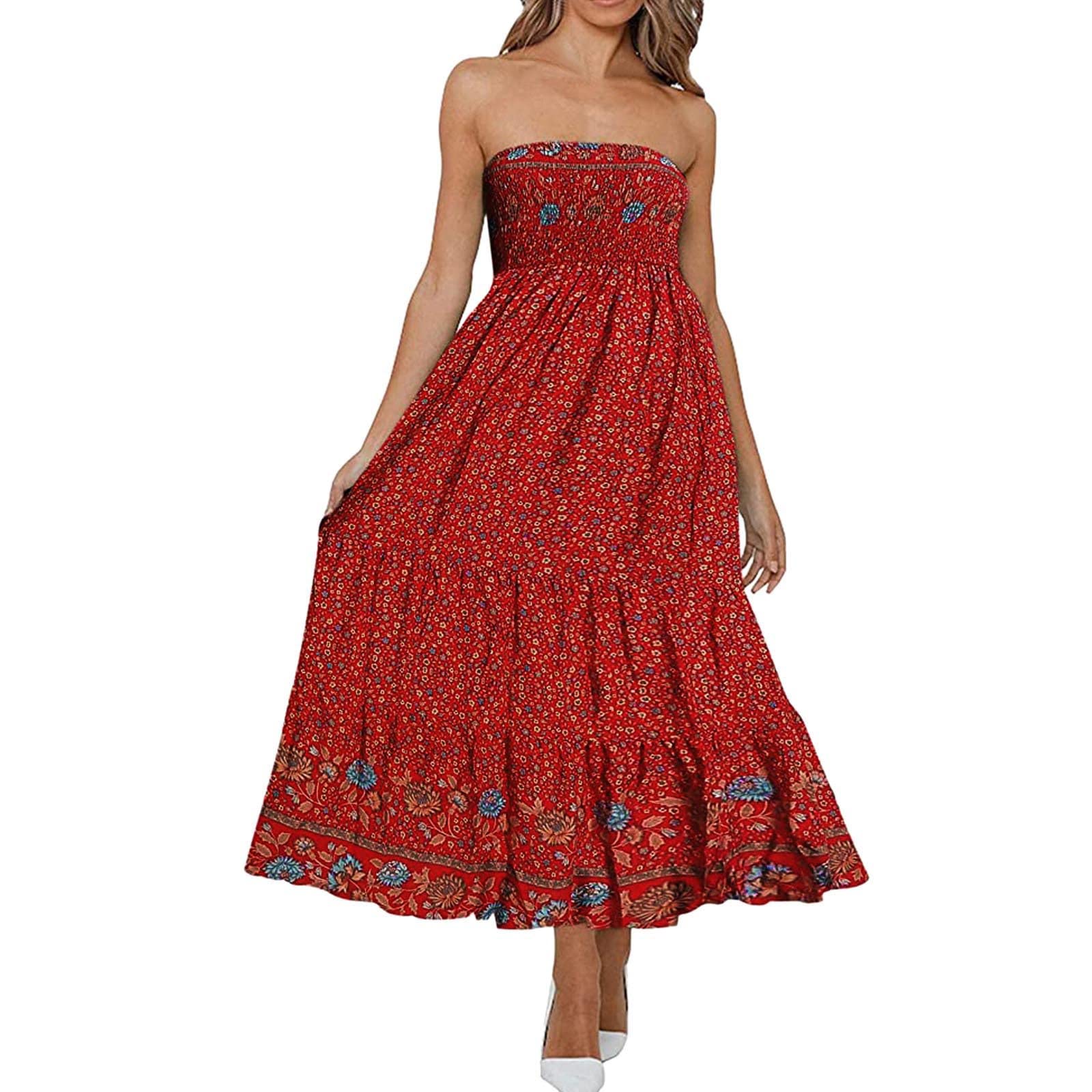 Floral Print Strapless Maxi Dress for Women - Summer Sleeveless Ruffle Beach Dress, Tiered Long Swing Dress for Vacation, Party & Outdoor Events