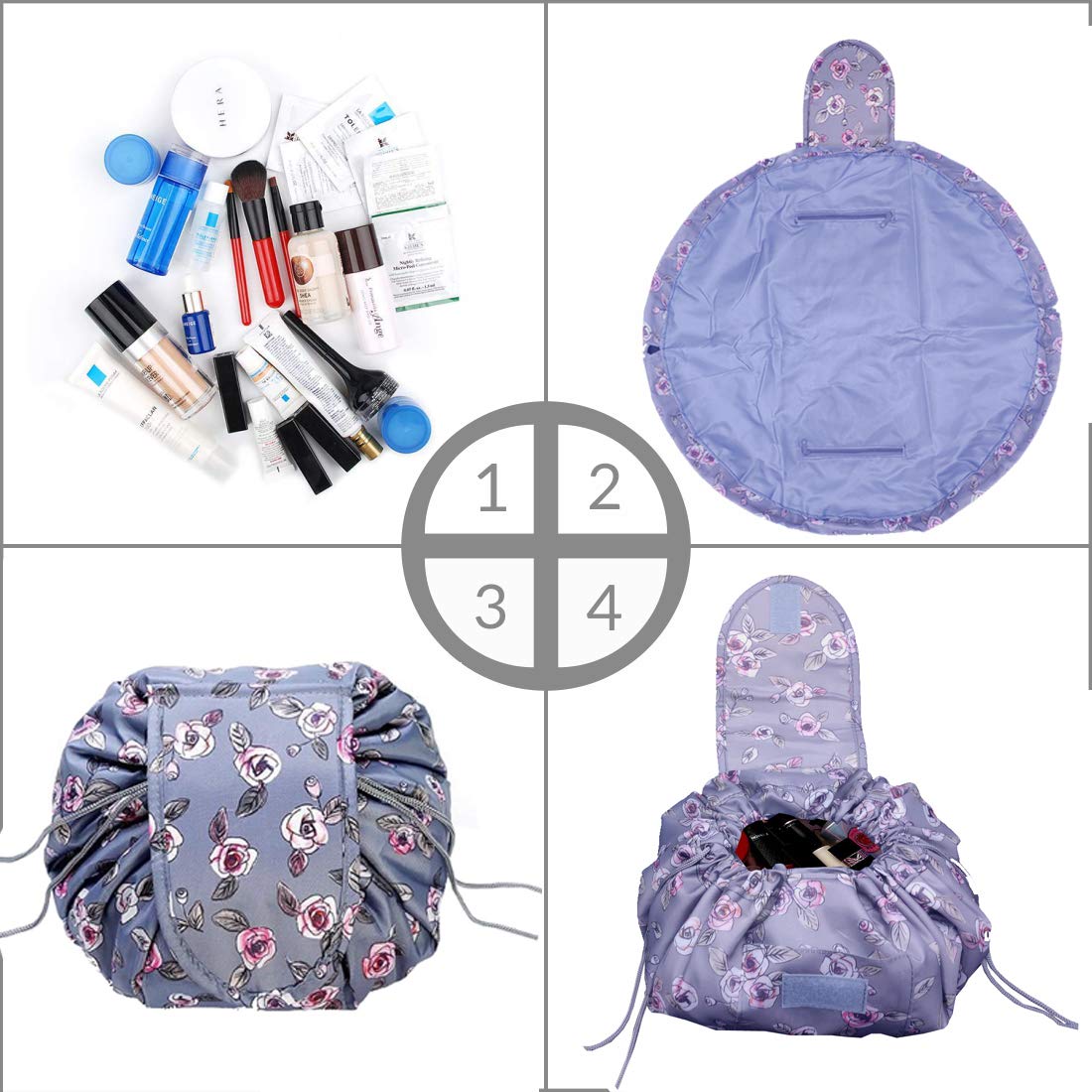 Foldable Round Cosmetic Travel Bag - Waterproof Makeup Organizer Pouch for Women (Grey) | Perfect for Airplane Carry-on, Gym & Weekend Getaways