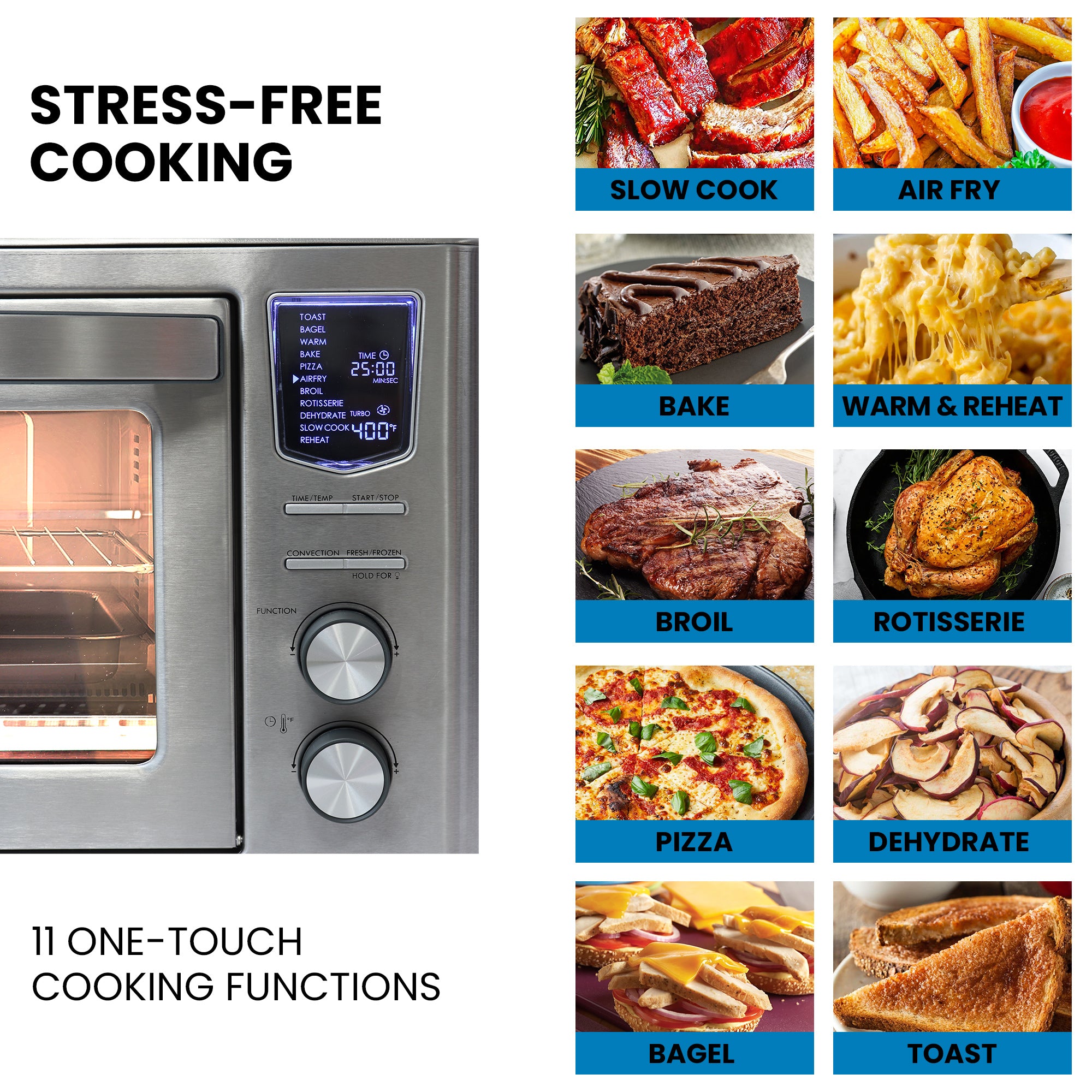 Kenmore 11-in-1 Digital Air Fryer Convection Toaster Oven with Rotisserie - 25 QT 1700W Countertop Oven for Baking, Pizza, Broiling, Slow Cooking & Dehydrating | Dishwasher Safe Stainless Steel Accessories | Perfect for Small Kitchens, Dorms & Healthy Cooking