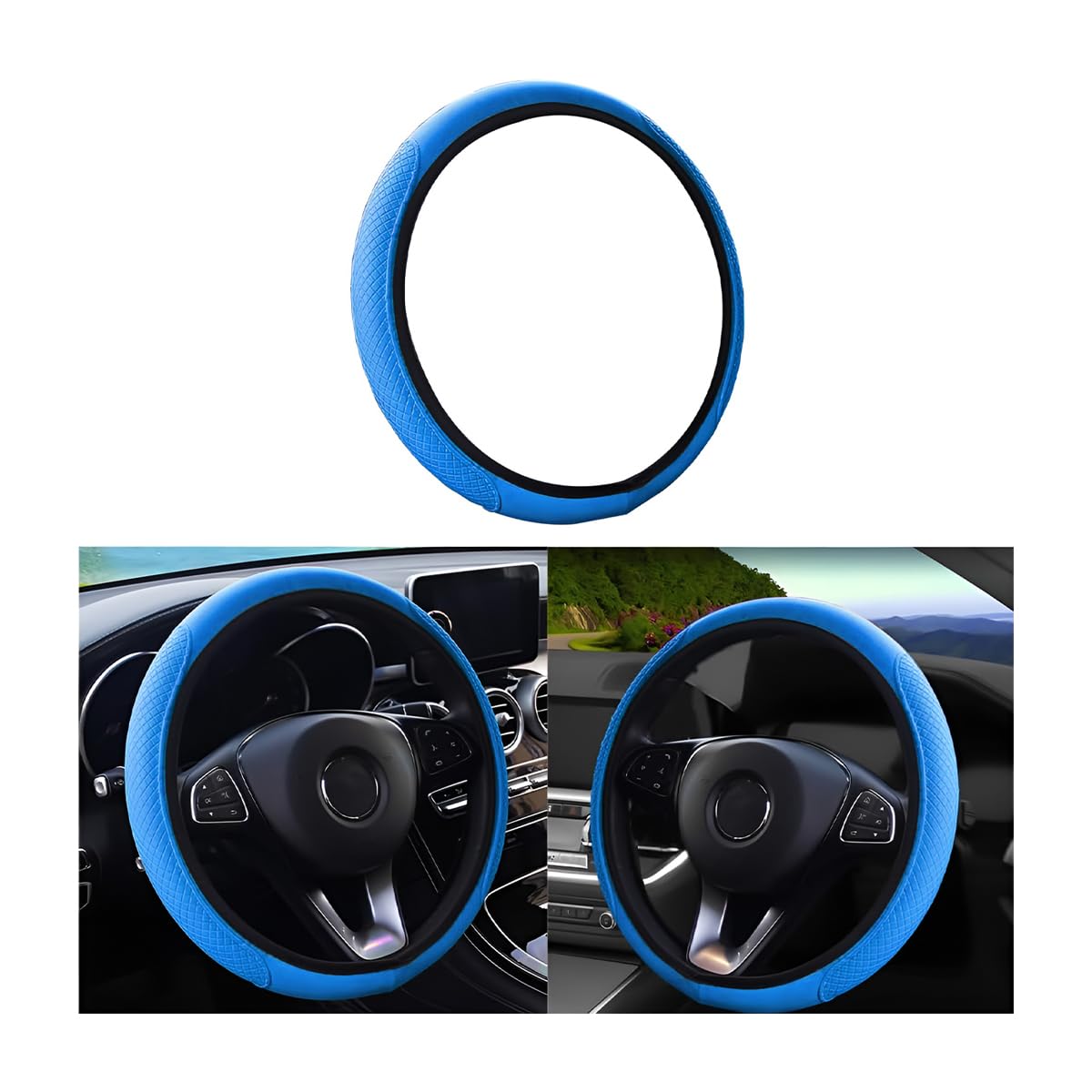Premium Leather Car Steering Wheel Cover - Elastic, Breathable & Anti-Slip Universal 15 Inch - Comfort Grip for Men & Women (Blue) - Perfect for Daily Commute, Road Trips & Hot Weather Driving