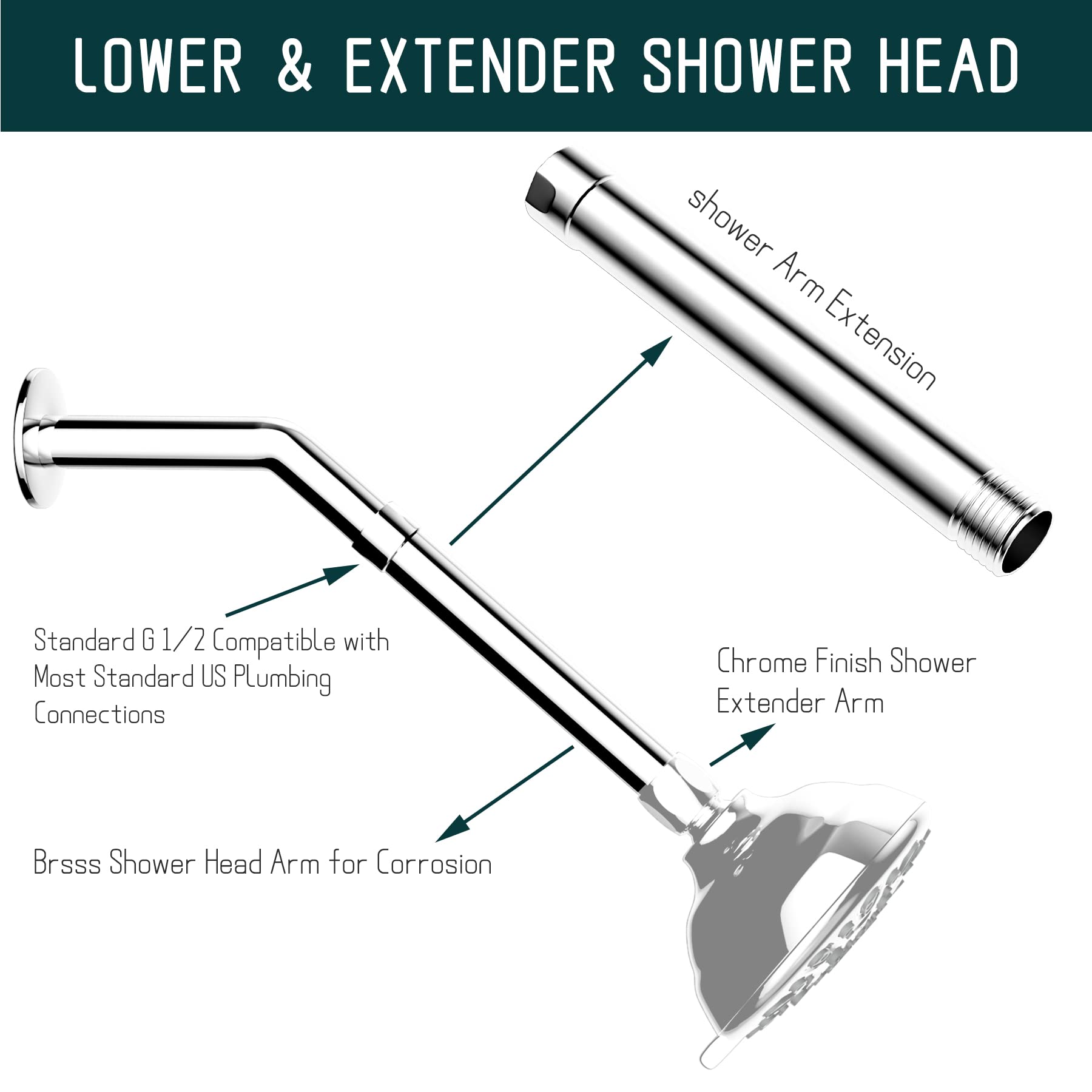 **iFealClear 6 Inch Solid Brass Shower Arm Extension - Chrome Finish - Easy Install for Lowering Existing Shower Head - Perfect for Bathroom Renovation & Accessibility Needs**