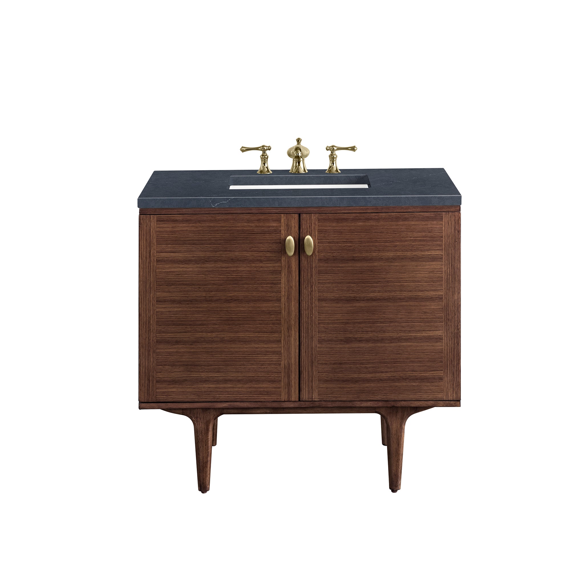 Amberly 36 Inch Single Bathroom Vanity - Mid Century Modern Walnut Wood with 3CM Charcoal Soapstone Countertop | Perfect for Small Bathrooms & Powder Rooms