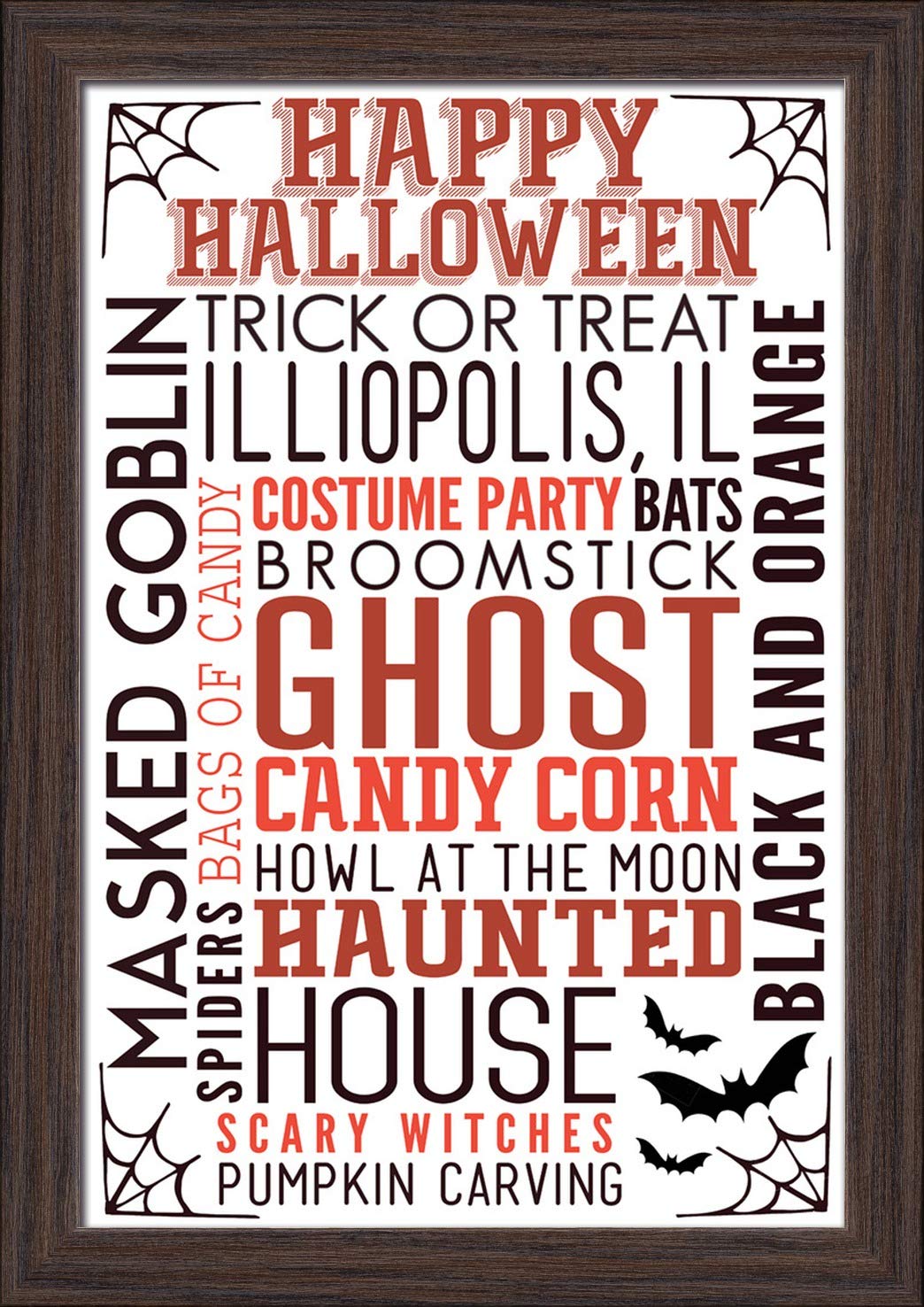 Happy Halloween Typography Art Print with Bats - 12x18 Inch Giclee Fine Art Print in Recycled Wood Frame (Espresso Brown) - Perfect for Halloween Decor, Home Office Wall Art & Spooky Gift Ideas