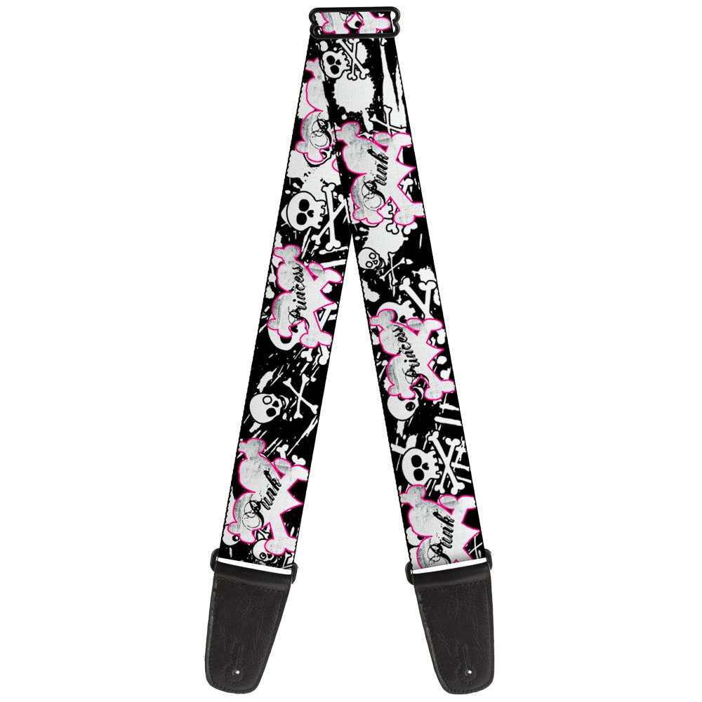 Punk Princess Guitar Strap with Heart, Cross Bones & Skulls Design - 2 Inch Wide Black & White Splatter Pattern - Perfect for Rock, Punk & Metal Performances