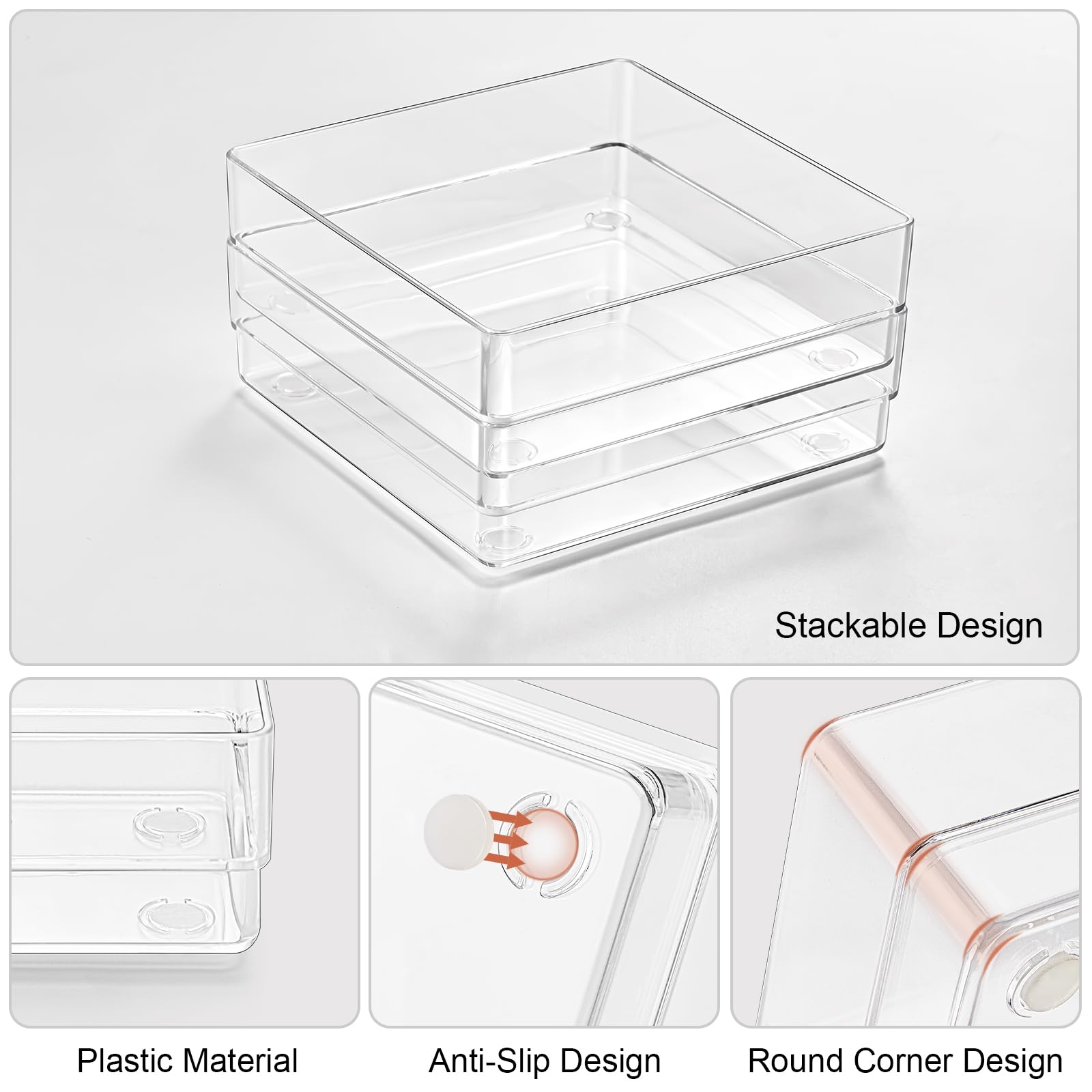 SMARTAKE 6-Piece Clear Plastic Drawer Organizer Set - Large Non-Slip Desk & Vanity Storage Trays for Makeup, Office Supplies, Kitchen Utensils (2 Sizes) | Perfect for Bathroom, Bedroom & Home Organization