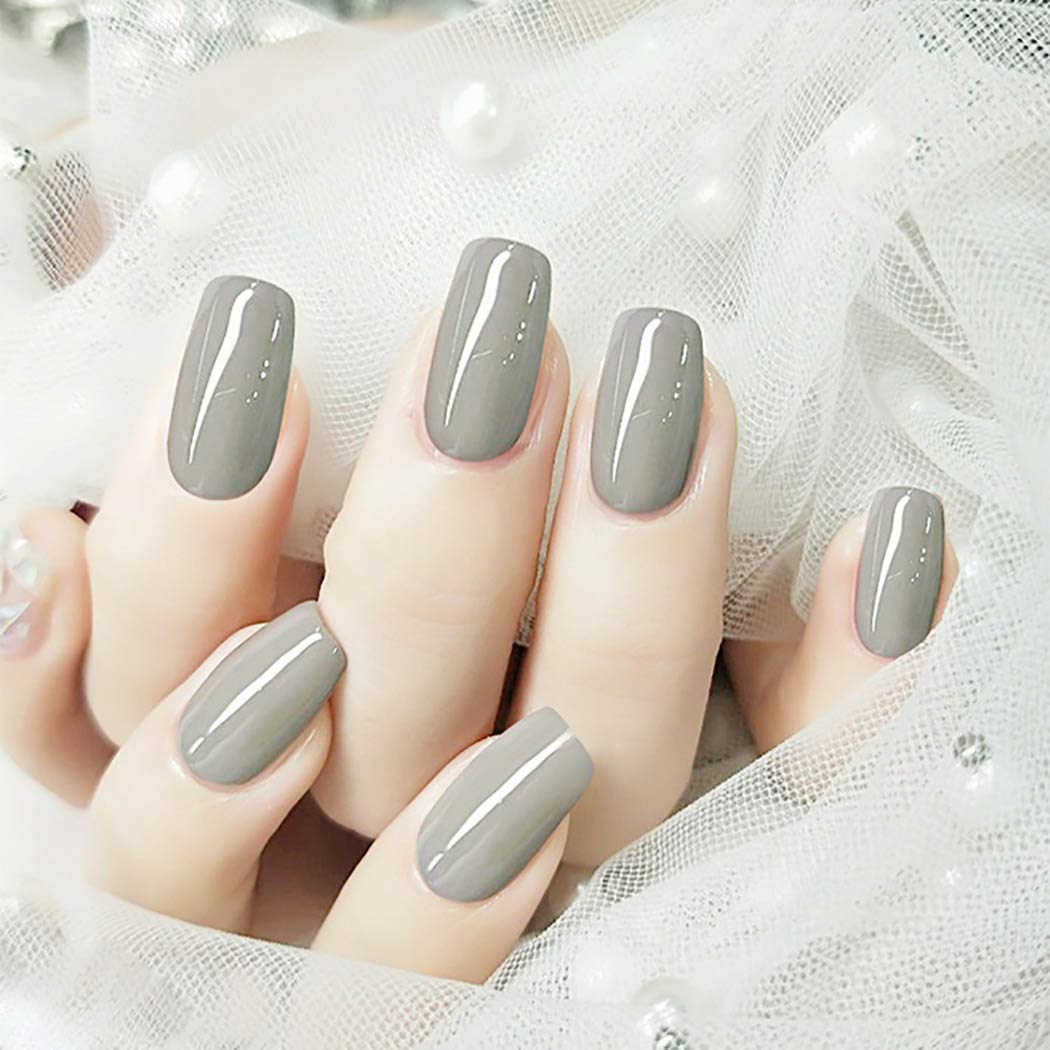 Square Fake Nails Medium Glossy Press on Nails - 24PC Full Cover Artificial False Nails for Women and Girls (Gray) | Easy to Apply, Perfect for Parties, Weddings, and Daily Wear