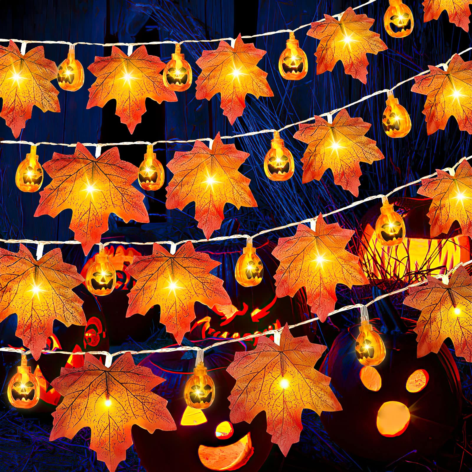 20LED Halloween String Lights - 10Ft Battery Operated Pumpkin & Maple Leaf LED Garland for Fall, Thanksgiving Decor | Indoor/Outdoor Party, Porch, Yard, Window, Mantle Decorations