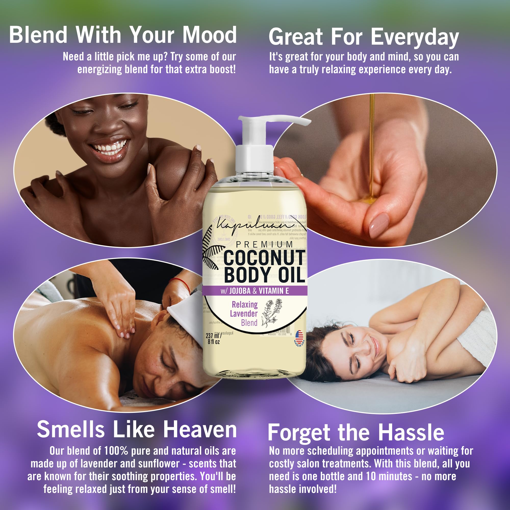 Relaxing Lavender Coconut Massage Body Oil for Stress Relief & Muscle Tension - 8oz Aromatherapy Essential Oil Blend for Spa, Yoga & Home Relaxation
