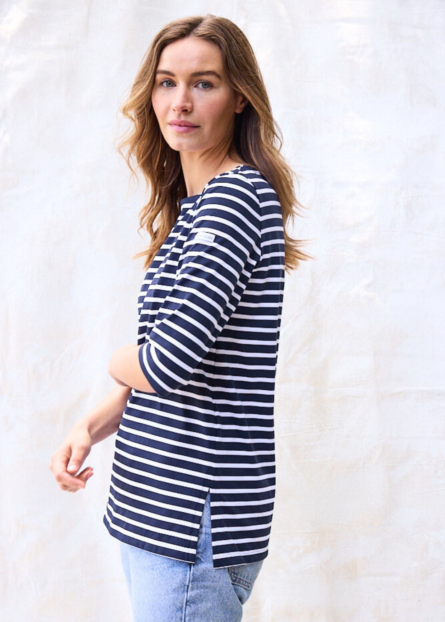 PHARE Women's Boat Neck Striped Tunic Top with Side Slits | Stretchy UV Protection Fabric | Navy & White Stripes | Casual Beachwear & Summer Outfits